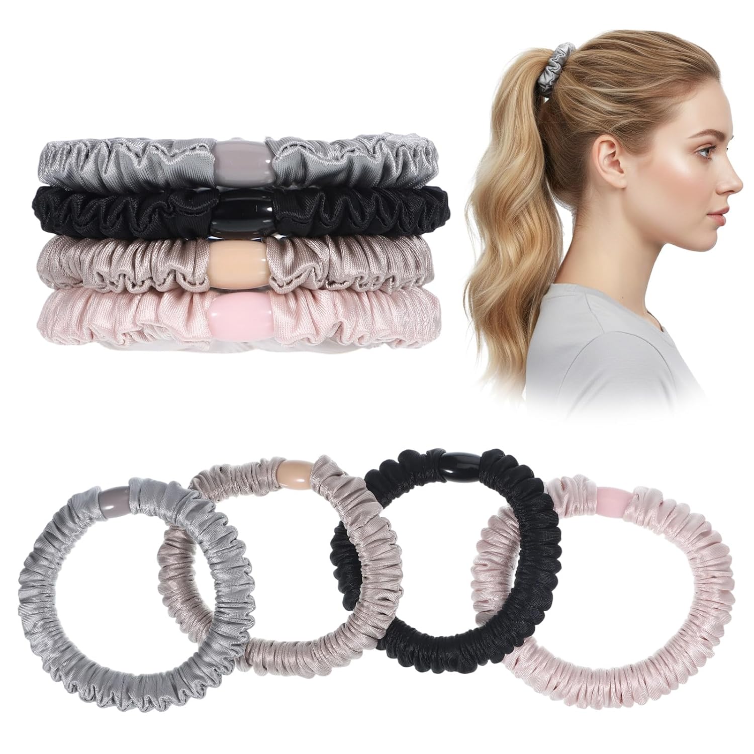 Thumbnail 6 de QFGasre 8 Stück Satin-Haargummis – Elastische Scrunchies in Schwarz, Rosa, Blau und Champagner