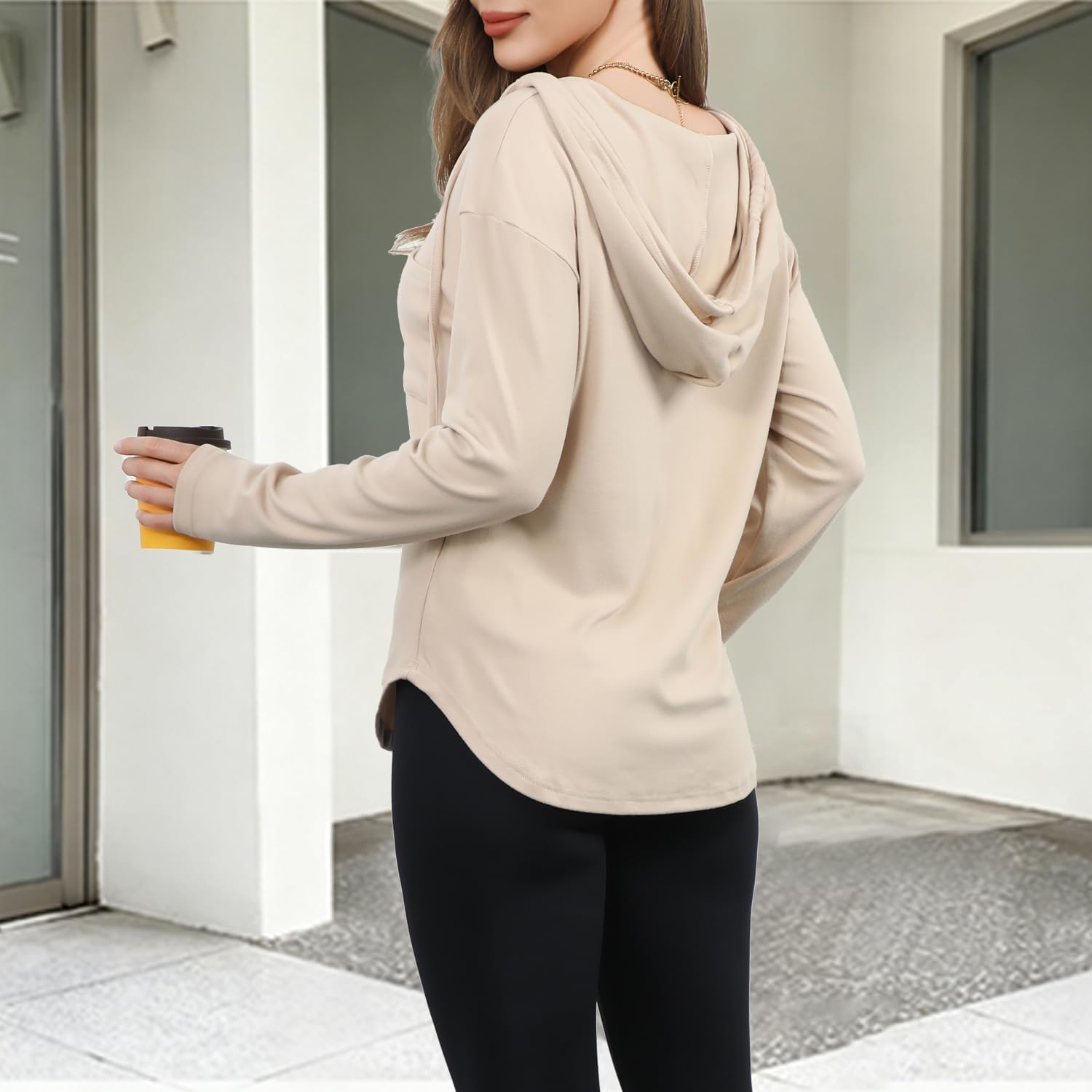 Detalle de Enjyam Damen Kapuzenpullover V-Ausschnitt Hoodie – Oversized Übergangsovershirt