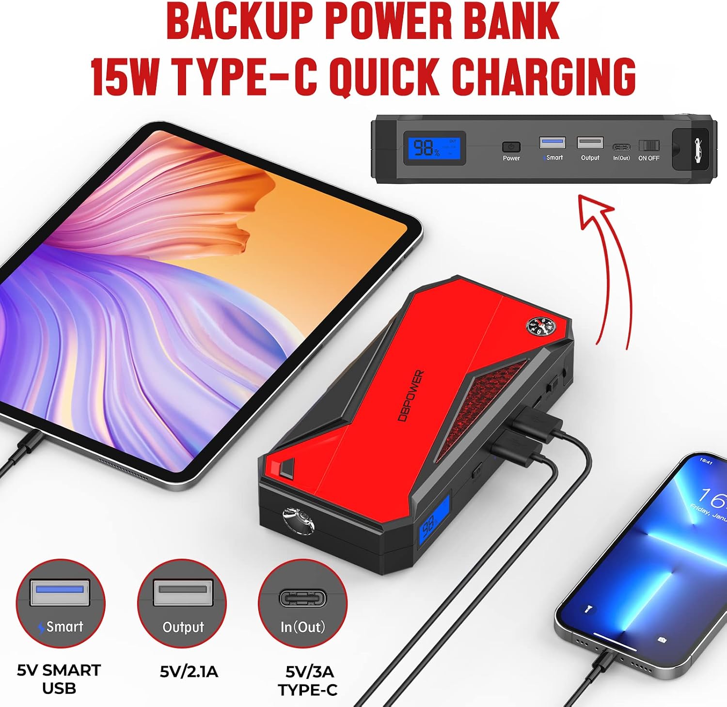 Detalle de DBPOWER Jump Starter 1600A portable car booster pack