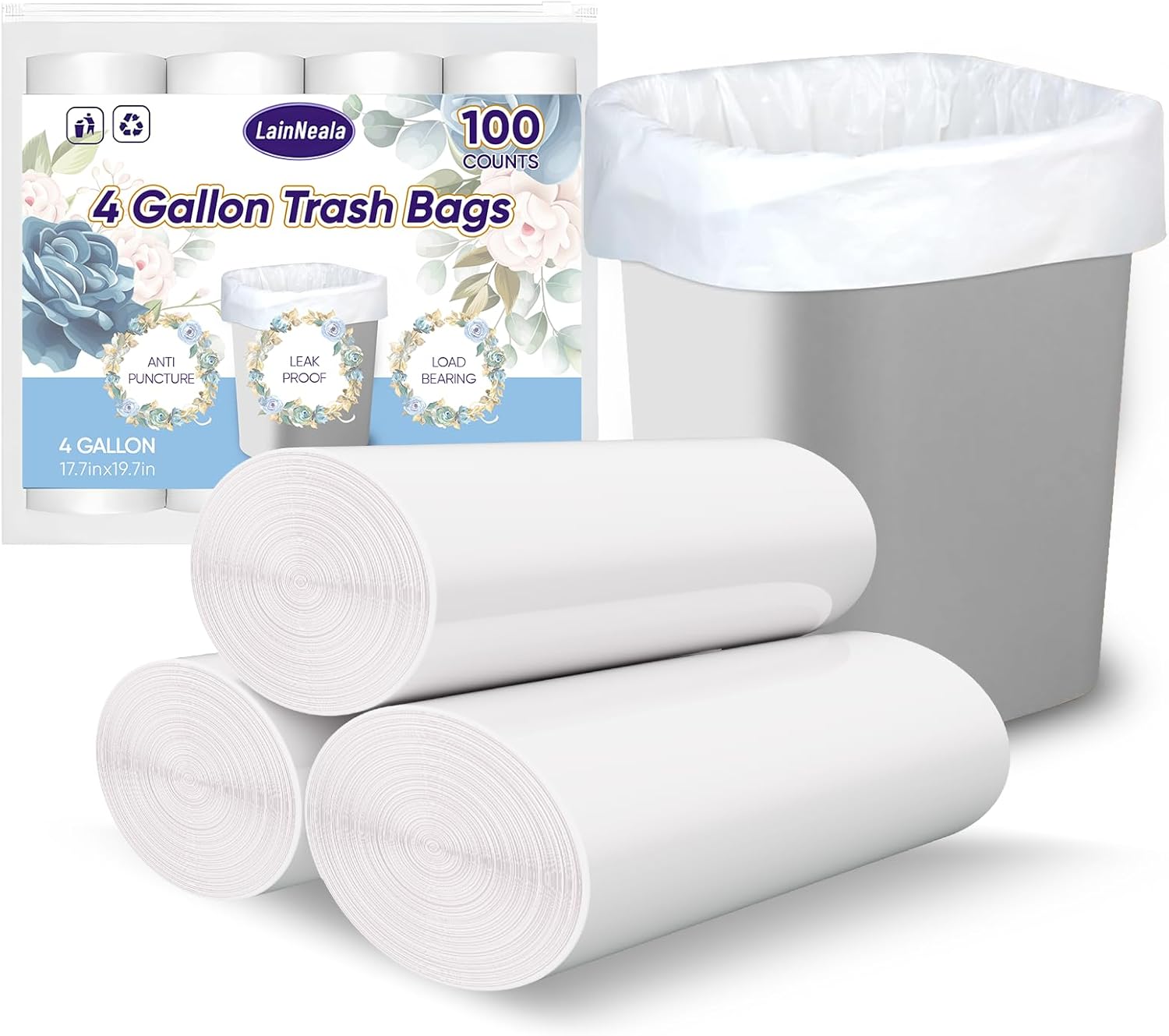 LainNeala 4 Gallon Small Trash Bags – 100 Count, Unscented, White, Perforated Star Seal