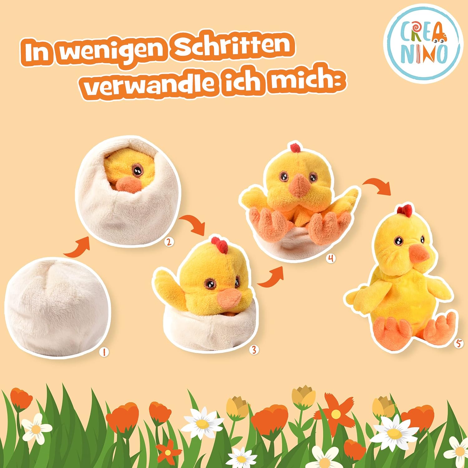 Detalle de Creanino 2 in 1 Plüschtier zum Wenden – Küken Kuscheltier, Handpuppe und Verwandlungsfreude