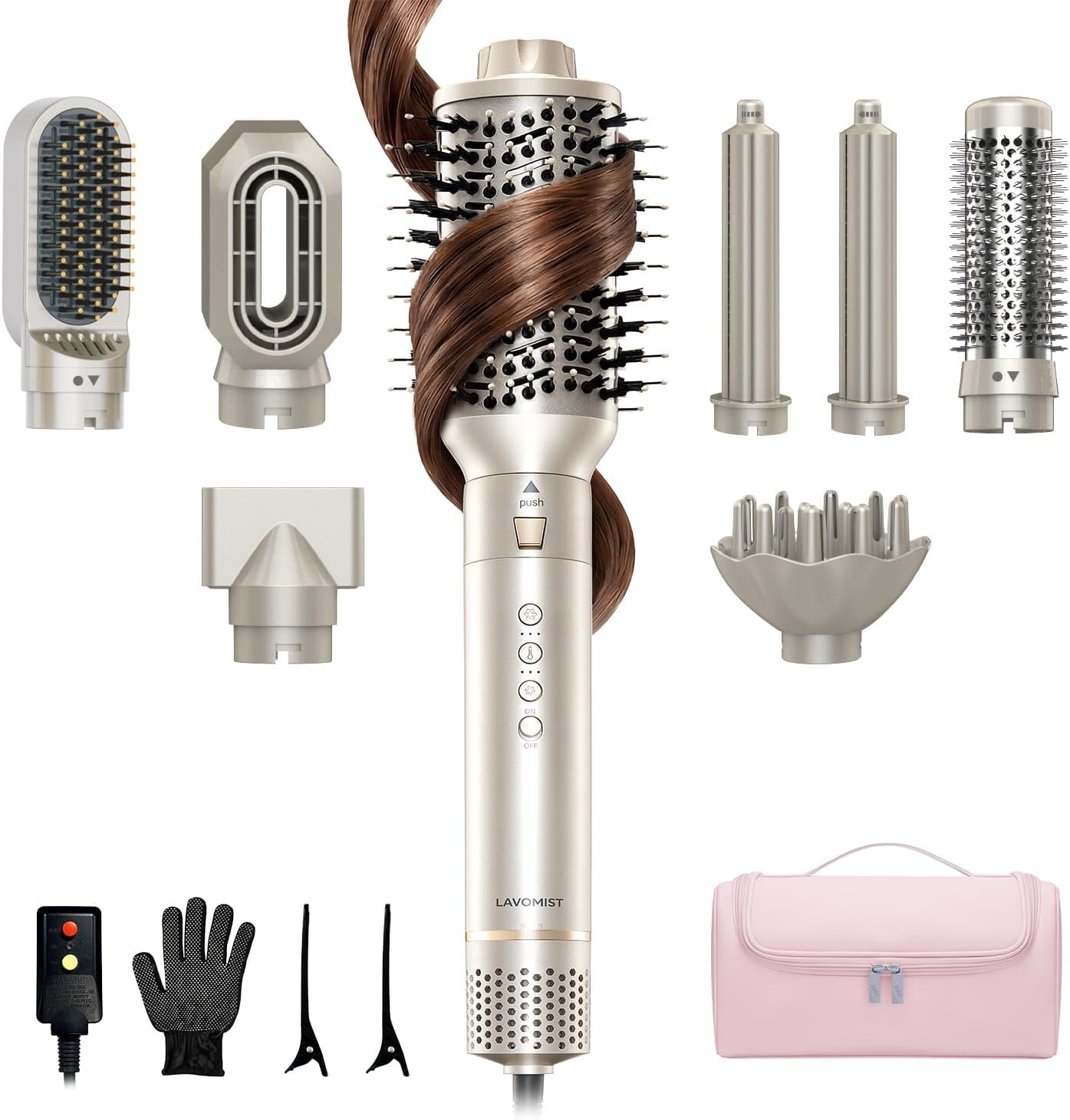 Detalle de Lavomist 8-in-1 Dual Voltage Hot Air Styler & Hair Dryer Brush (110,000 RPM) with Travel Bag