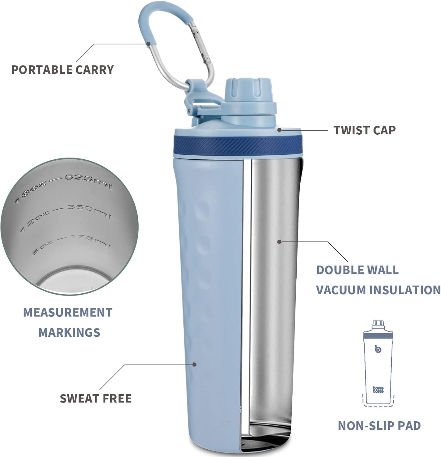 Thumbnail 1 de bottlebottle BOTTLE BOTTLE Shaker Edelstahl Trinkflasche 26oz mit Mischkugel (BPA-frei, doppelwandig, auslaufsicher) – Blau