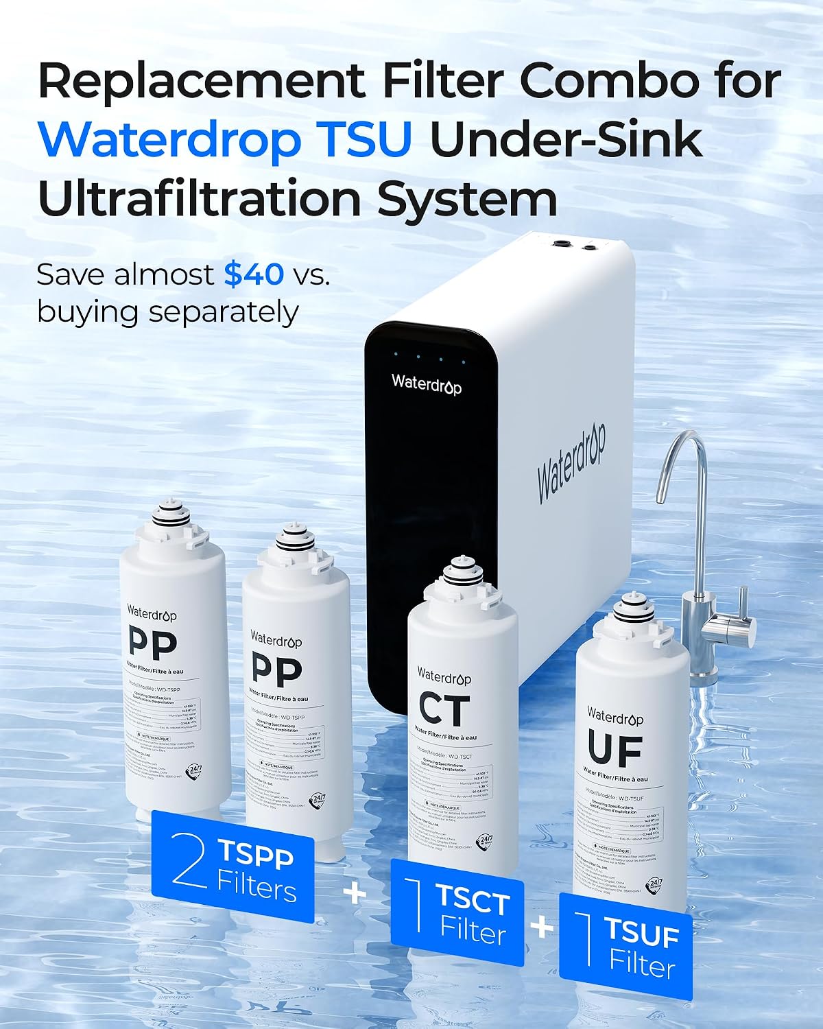 Detalle de Waterdrop TS2PPCTUF Replacement Filter Pack for TSU, 4 Filters, 0.01 μm Reduction