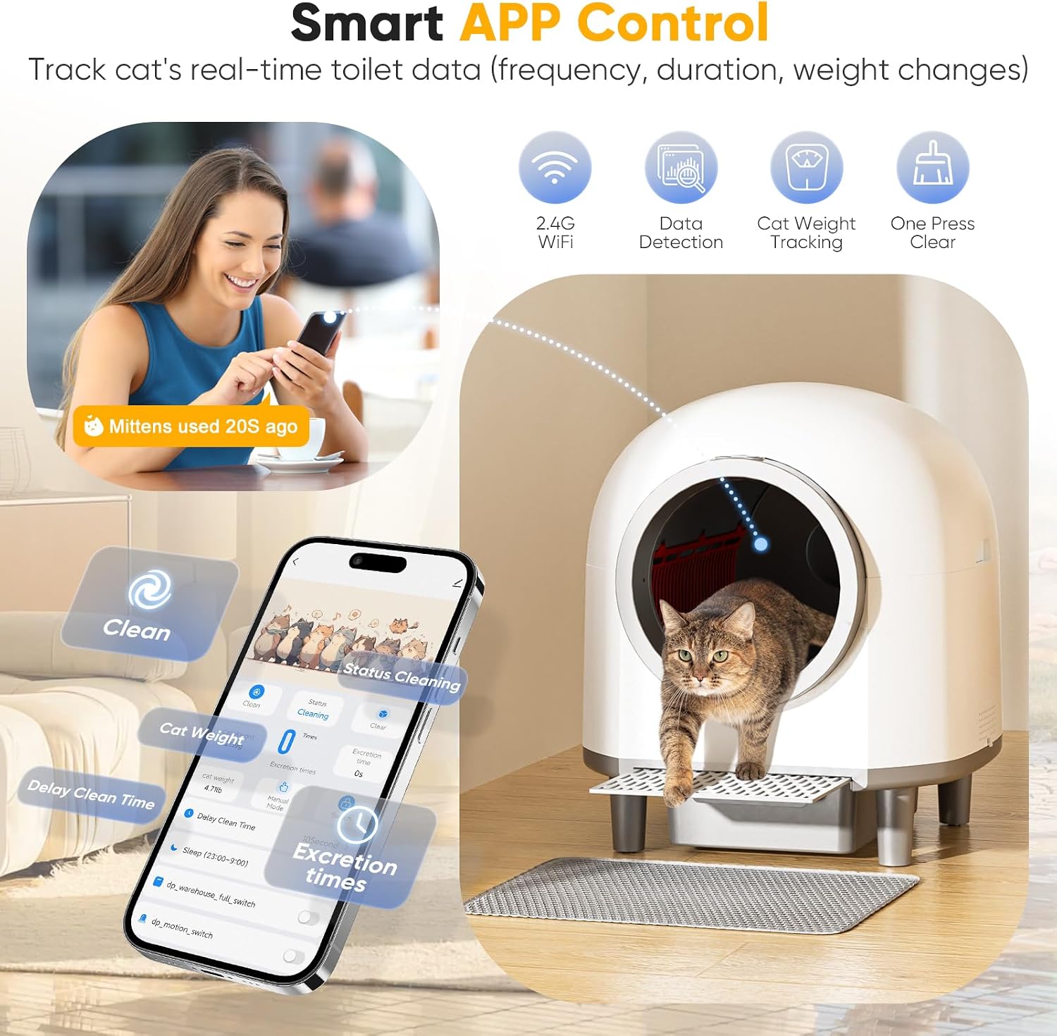 Detalle de whiffee HYGXTH002 Self-Cleaning Cat Litter Box with App Control and 10 Sensors