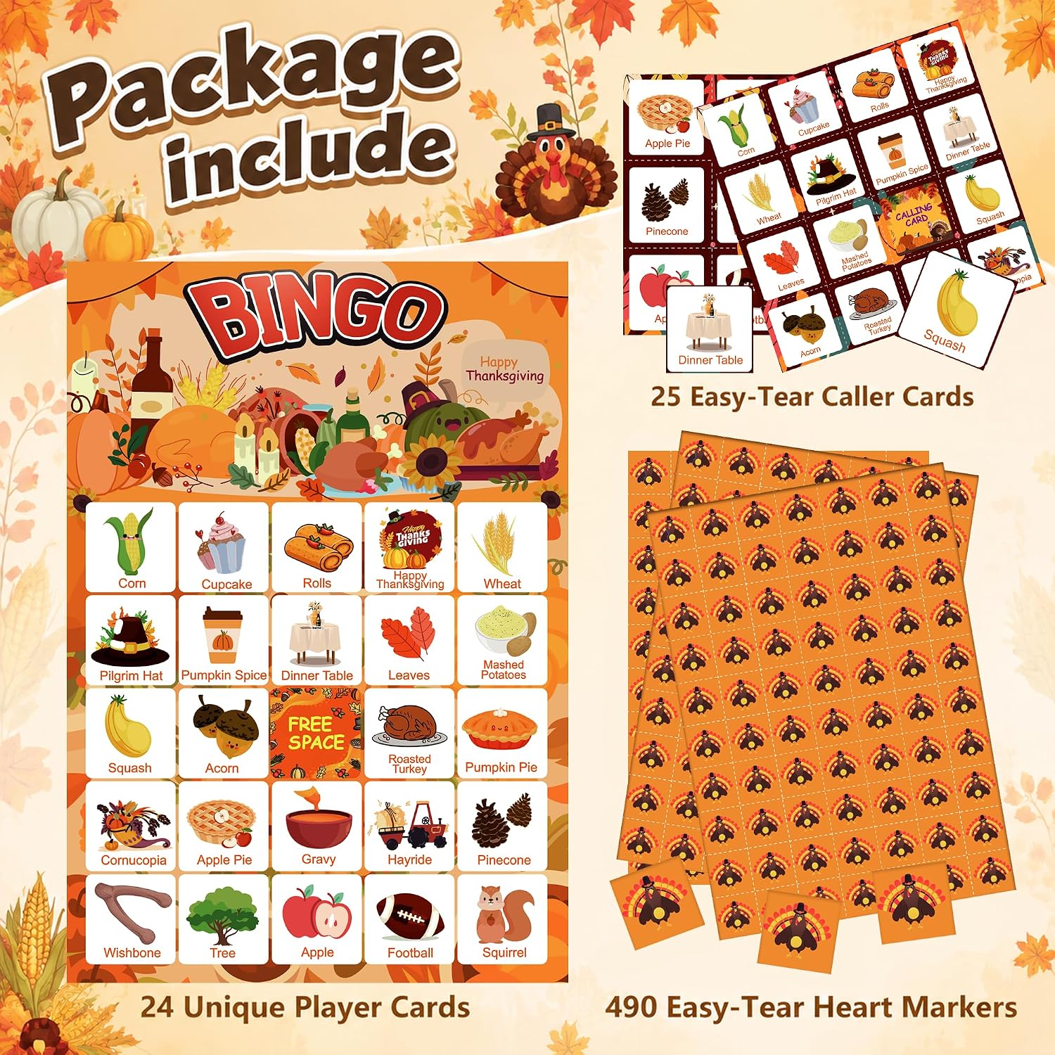 Detalle 2 de MDDRUIQI Thanksgiving Bingo Game for Kids, 24-Player Set with Turkey Markers