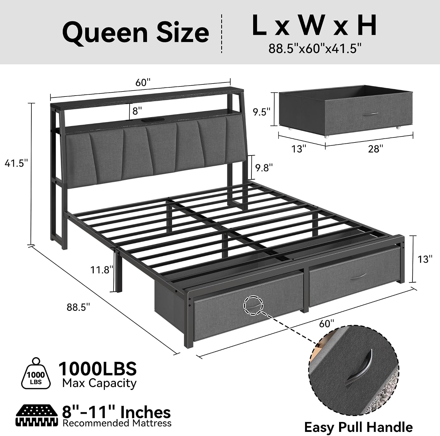 Detalle 2 de FreeHouse FRH--096CJ-GQ Queen Platform Bed Frame with Storage and LED Lights