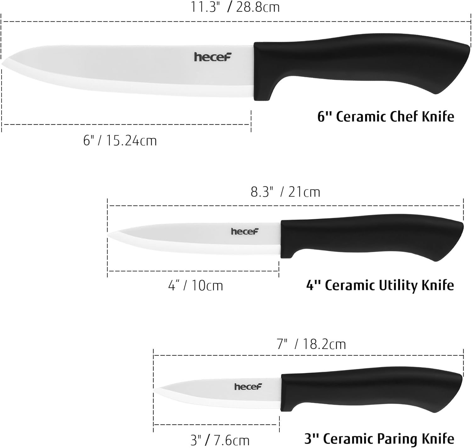 Thumbnail 3 de Set de couteaux en céramique hecef (3 pièces) : couteau de chef 30 cm, couteau à fruits 4" et couteau d’office 3" – blanc