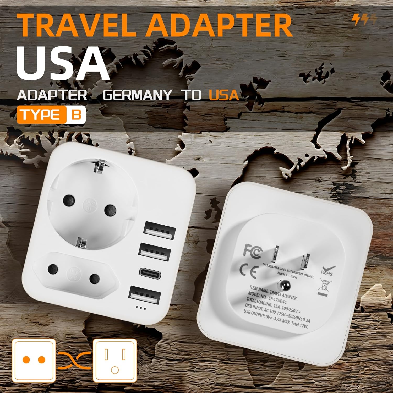 Thumbnail 1 de Adattatore Presa Americana 6-in-1 (Tipo B) con 3 USB e 2 Porte CA per USA, Messico, Canada, Colombia, Thailandia e altro