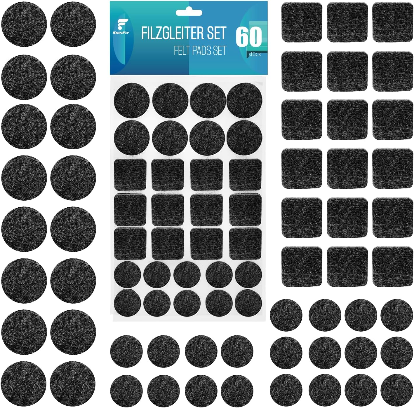 Detalle de shinfly set van 60 zelfklevende meubelviltjes, 3 mm dik, rond en vierkant