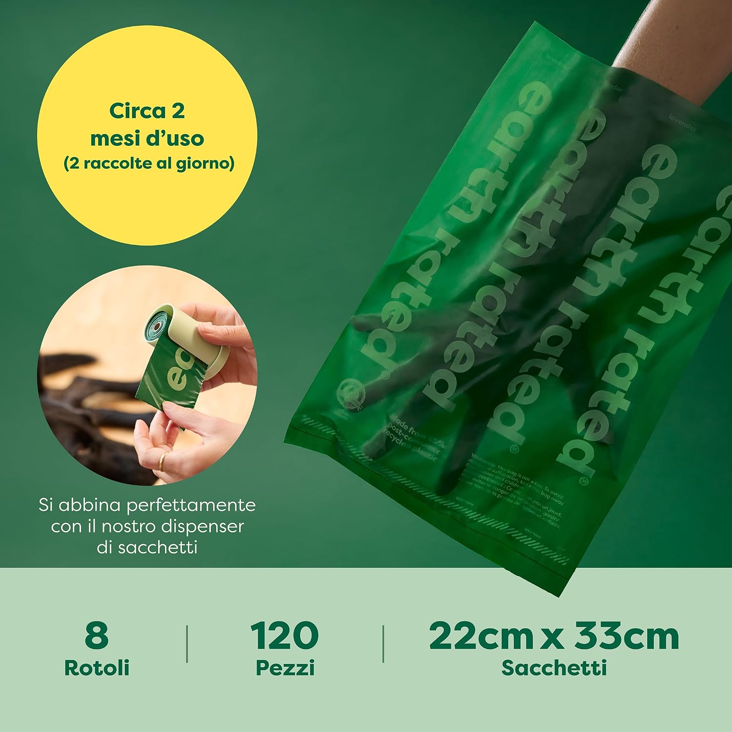 Detalle de Earth Rated sacchetti igienici per cani a prova di perdite extra resistenti – rotoli di ricarica profumati alla lavanda (120 pezzi)