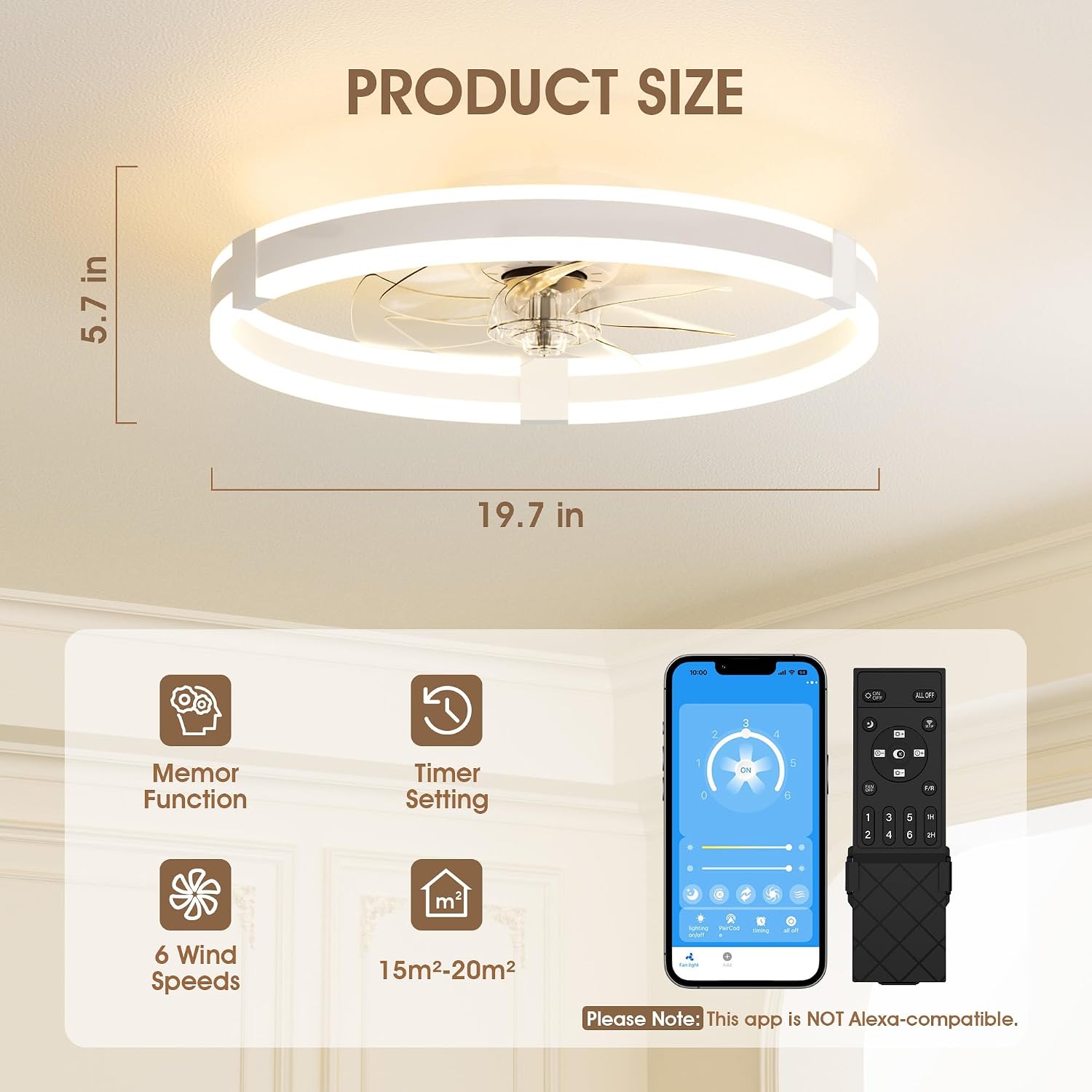 Detalle de NIORSUN 50cm Ceiling Fan with Lights & Remote: Quiet, Dimmable LED + 6 Speeds for Everyday comfort