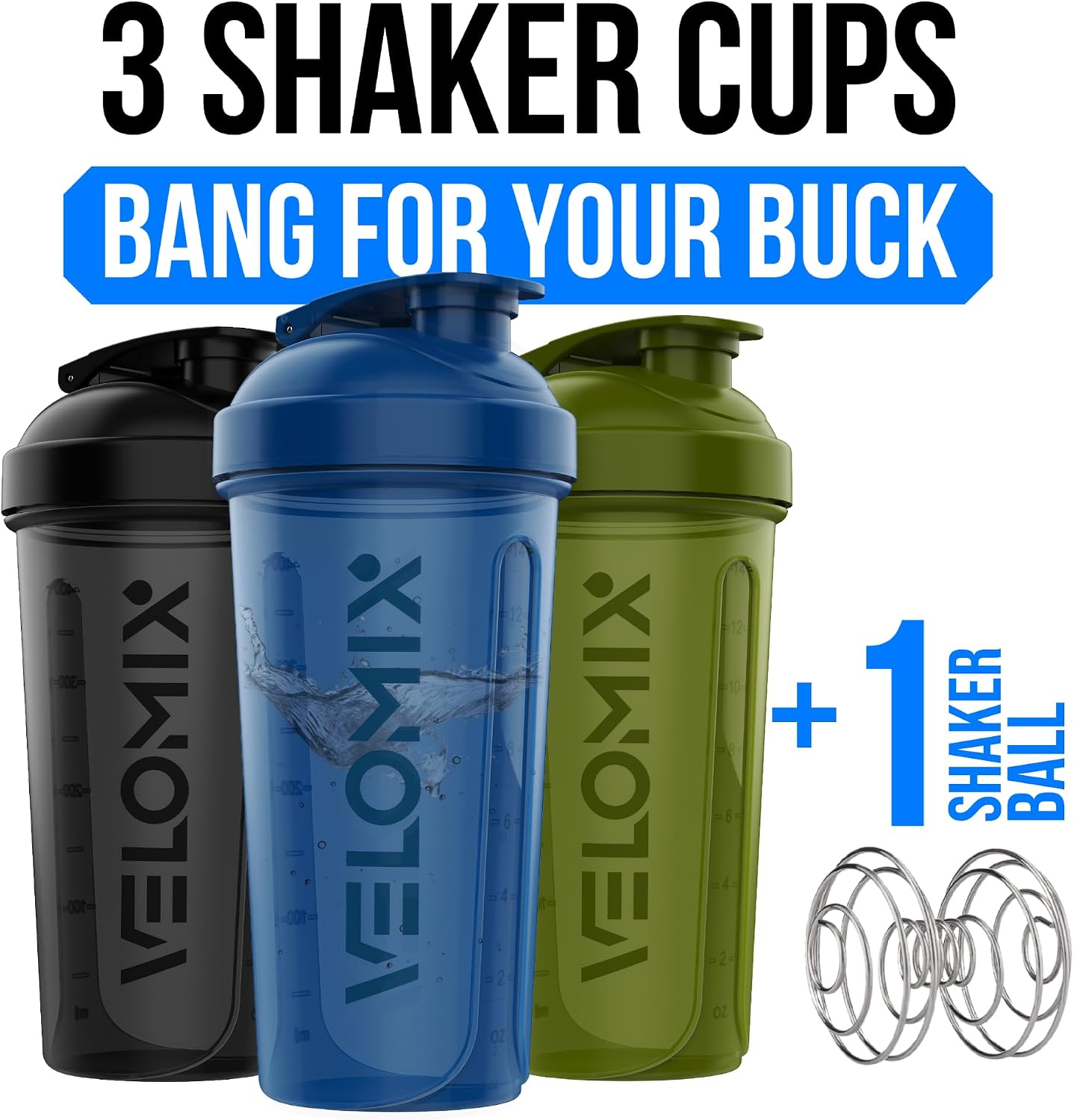 Detalle 2 de VELOMIX 3-Pack 18 oz Protein Shaker Bottles with Wire Whisk (Leak Proof, Stackable, Dishwasher Safe)