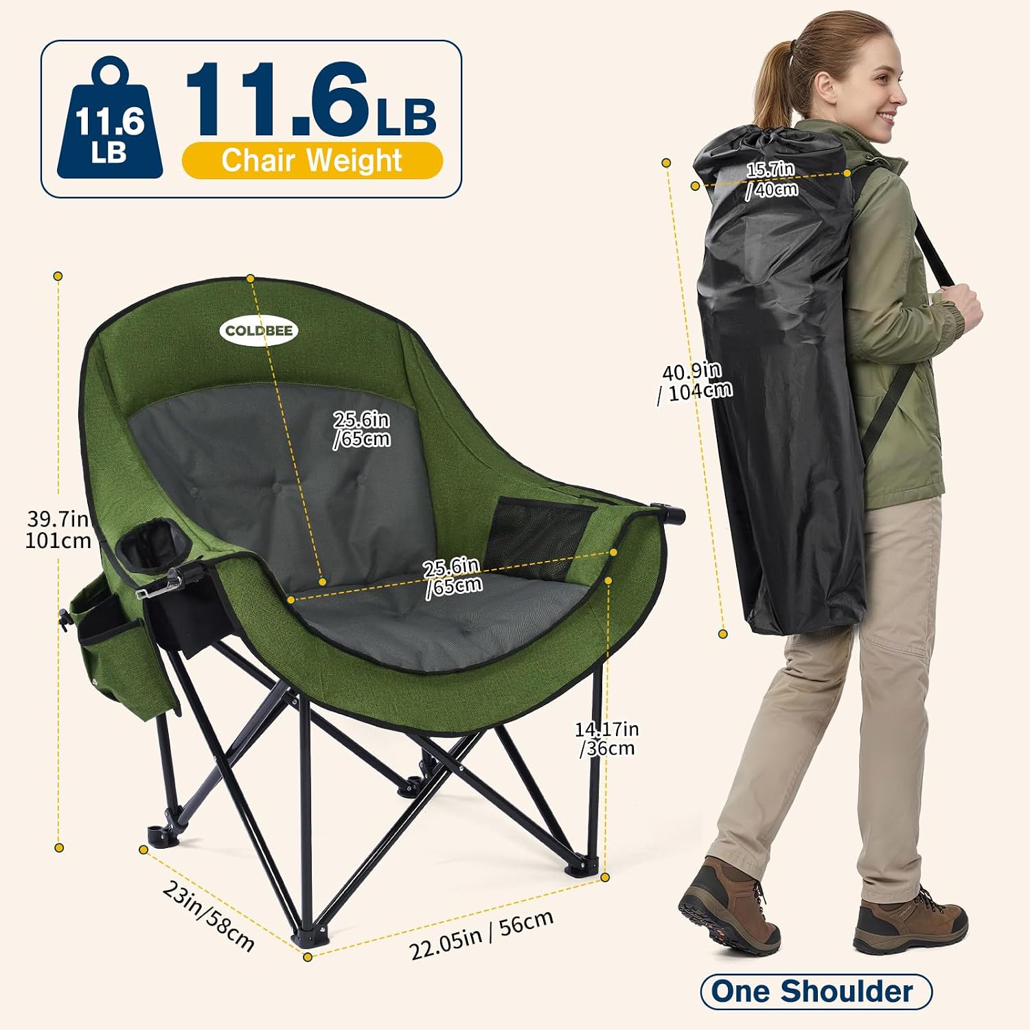 Detalle de Coldbee PW-RC749C2 Oversized Camping Chair, 500-lb Capacity, Padded Green