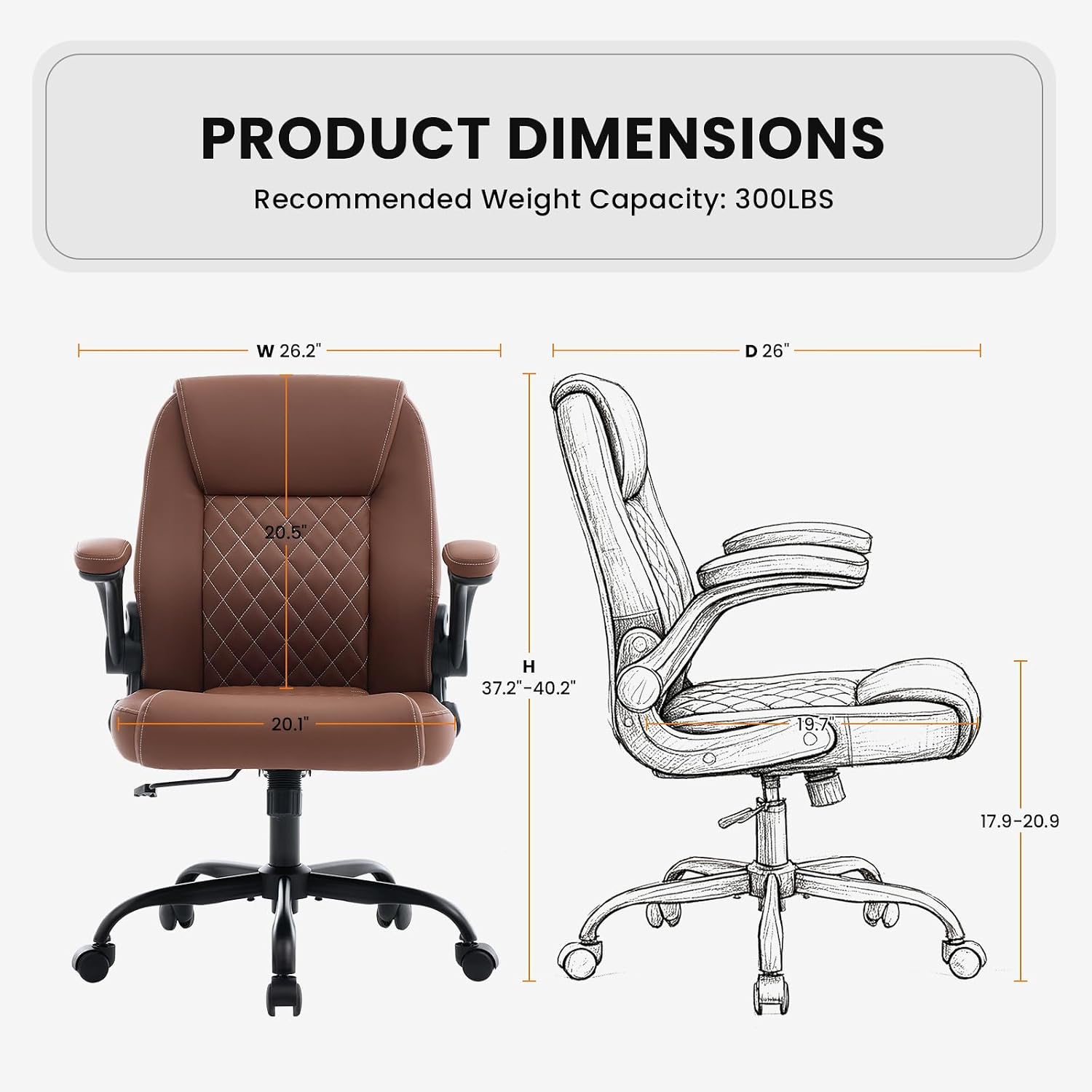 Detalle de Deroavixe YZ-5272-BRN-US Executive Office Chair, Brown PU Leather, Flip-Up Arms
