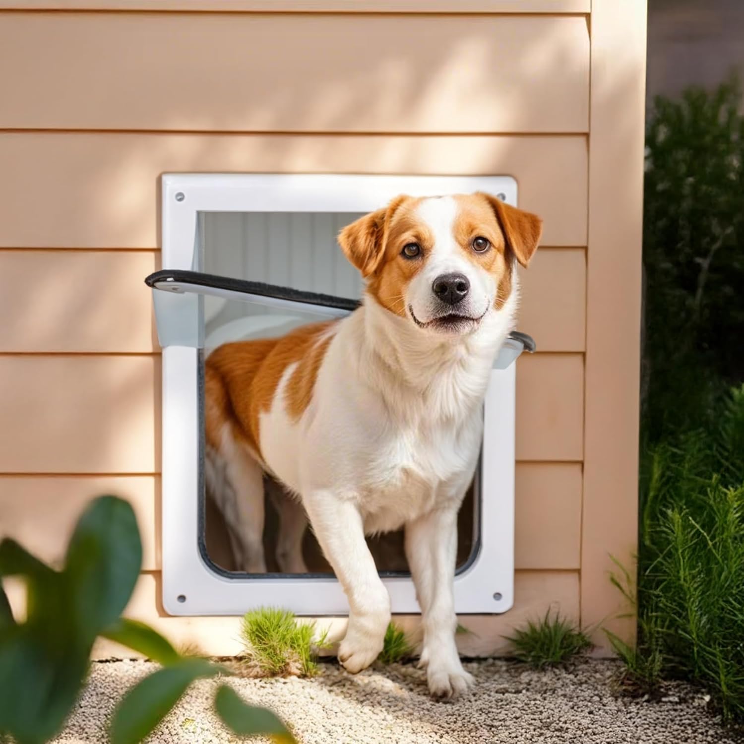 Detalle de PAWISE 2 Way Dog Door with Lockable Flap (39x45cm) – Flexible, Transparent Flap, Easy Installation