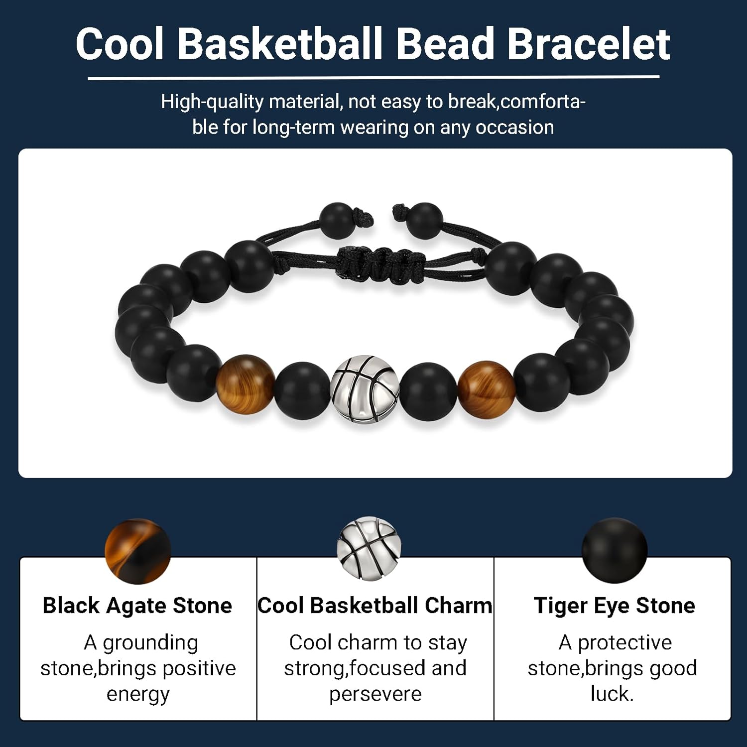 Detalle de Esmoly Bracciale Uomo Pietre Naturali – Braccialetto Regolabile con Pietre D’Agata Nera e Occhio di Tigre