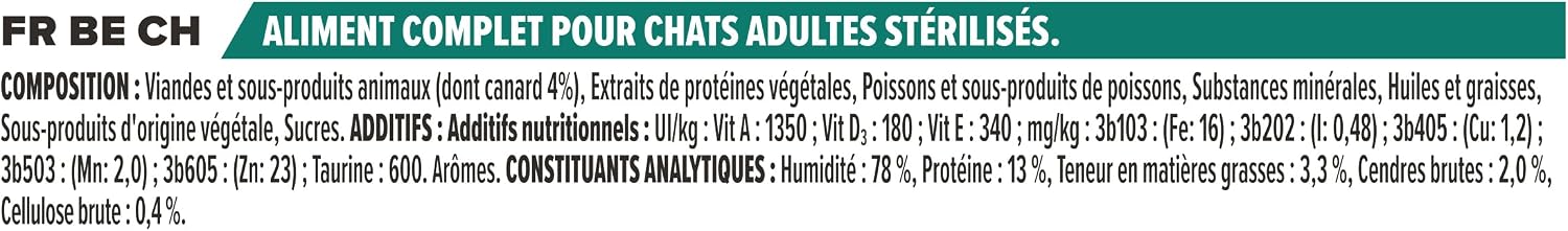 Detalle de Purina Pro Plan Sterilised Maintenance Canard – Alimentation complète pour chat adulte stérilisé (10 x 85 g)