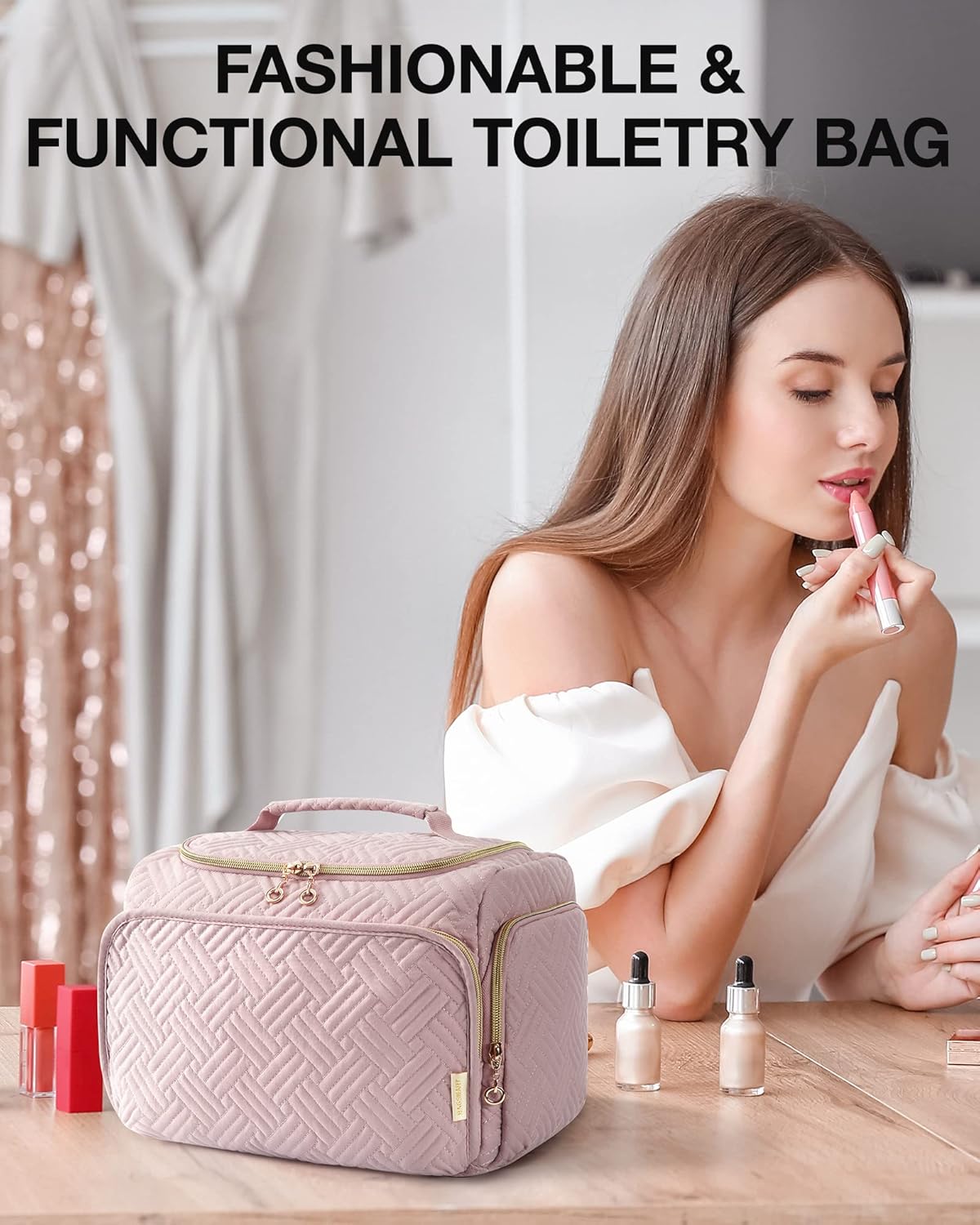 Thumbnail 1 de BAGSMART Travel Toiletry Bag for Women (Large, Pink) – wide-open organiser with dry/wet separation