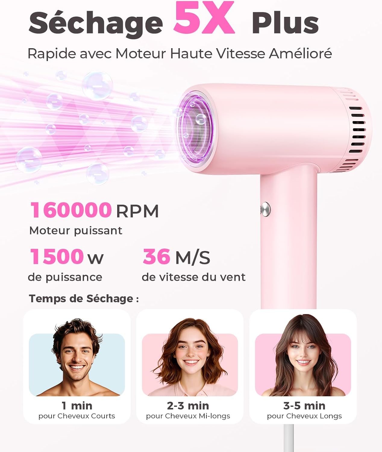 Detalle de Seche cheveux Ionique Professionnel avec Diffuseur – 160000 TR/min, séchage ultra rapide, 500 millions d’ions anti-frisottis, 360 g