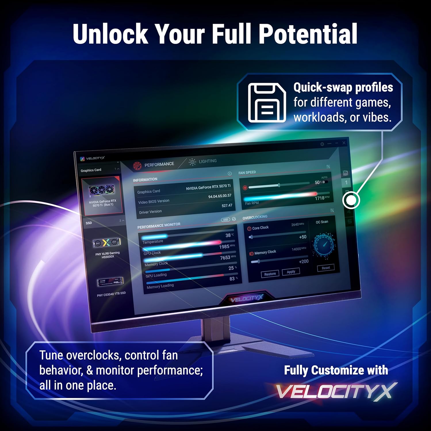 Thumbnail 2 de PNY GeForce RTX™ 5080 16GB OC Triple Fan DLSS 4: scheda grafica per giochi pesanti