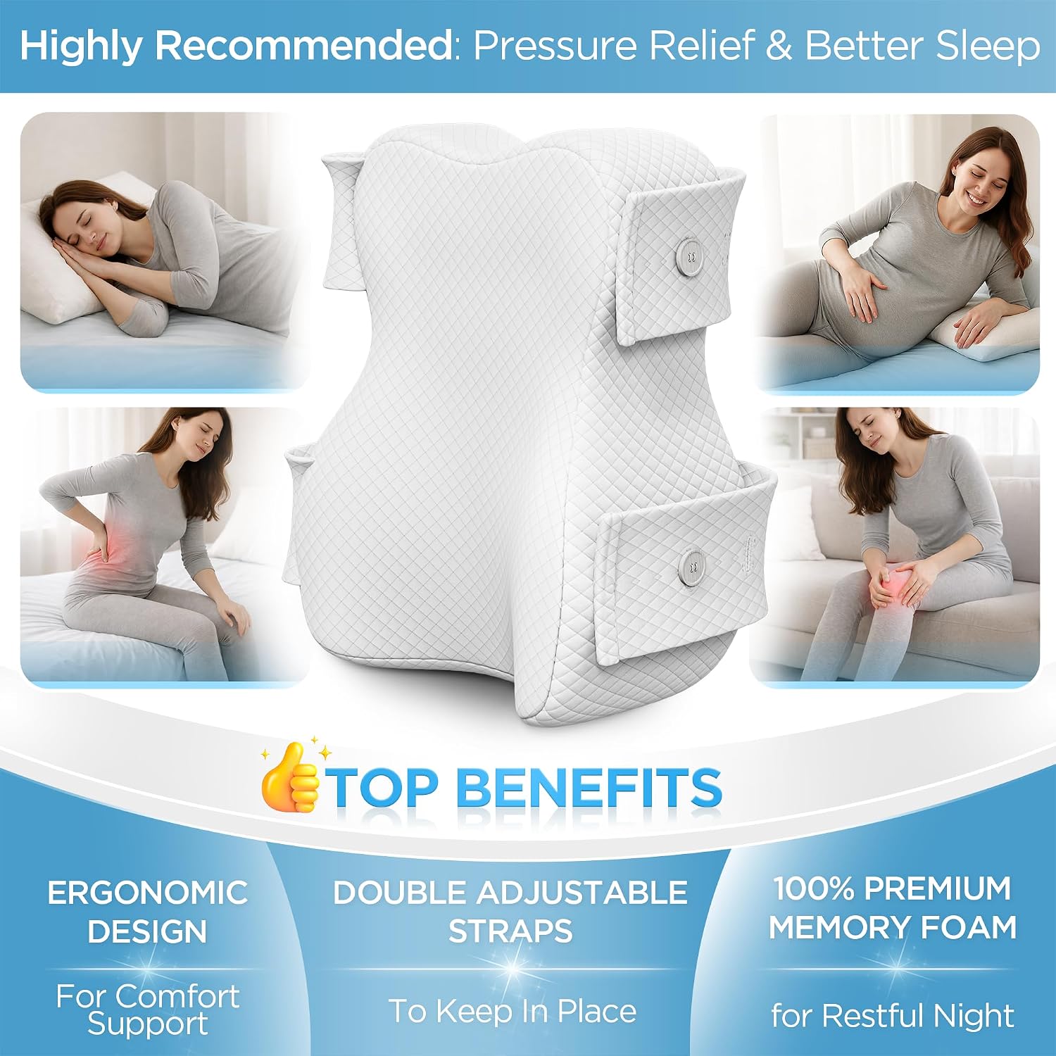 Detalle de PinkFroggie FC003-Leg Pillow Memory Foam Knee Pillow with Straps and Washable Cotton Cover