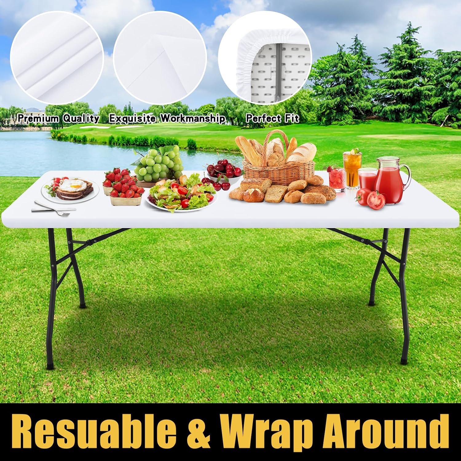 Thumbnail 4 de Smiry Rectangle Picnic Table Cloth, 8-Foot Waterproof Elastic Fitted Polyester Table Cover (White, 36"x96")