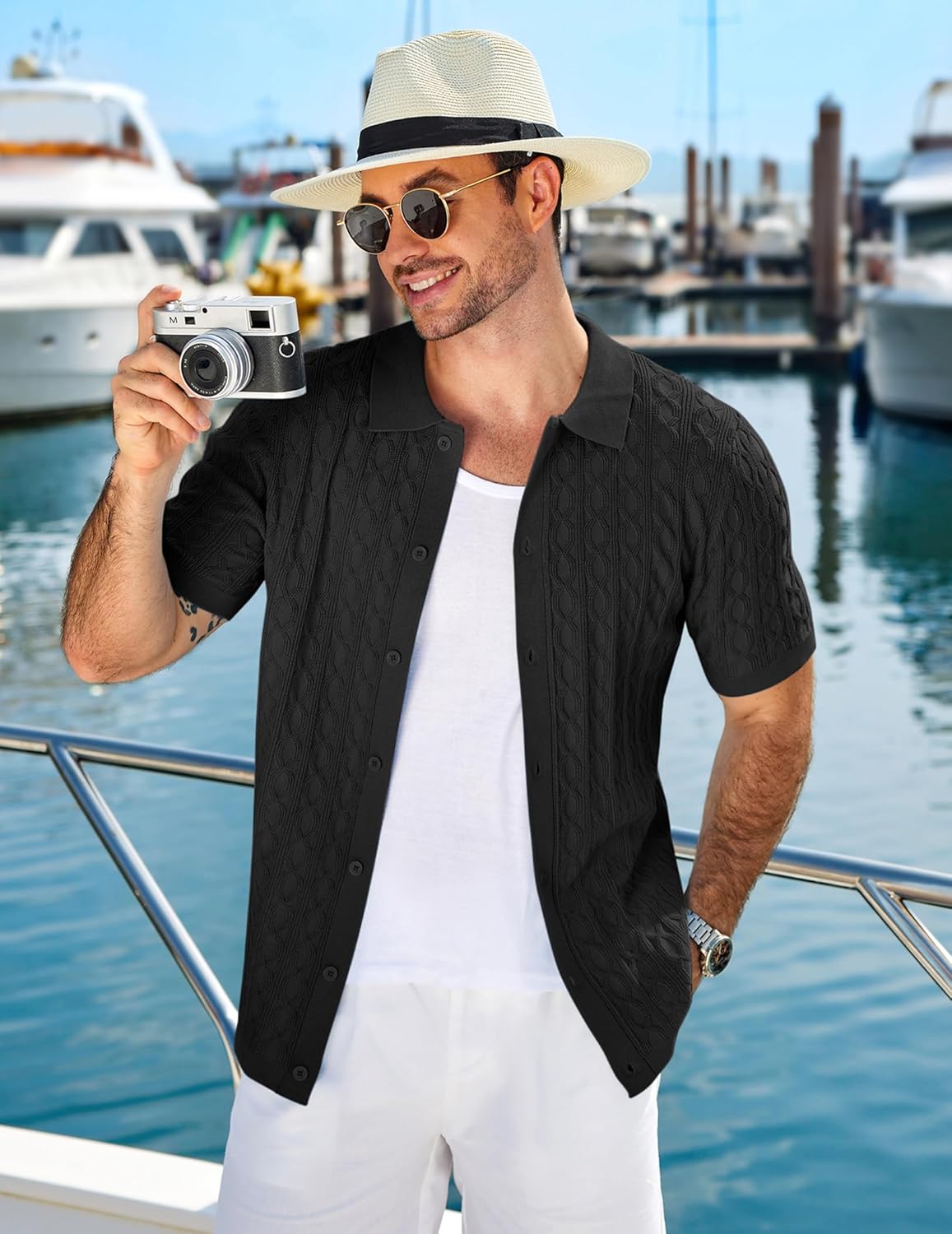 Thumbnail 1 de COOFANDY Men's Knit Short Sleeve Polo Shirt with Vintage Cable Knit
