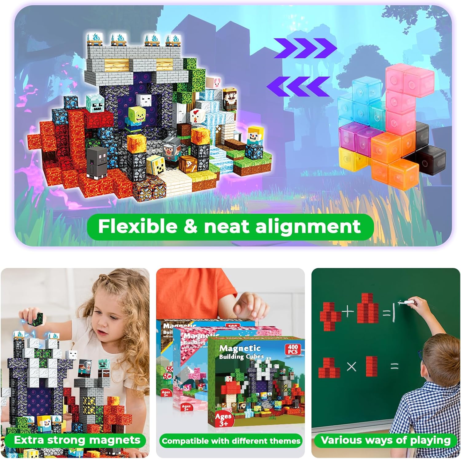 Thumbnail 5 de 400 PCS Magnetic Blocks — Building Blocks for Kids (STEM, Montessori, Sensory Play) 3 Worlds