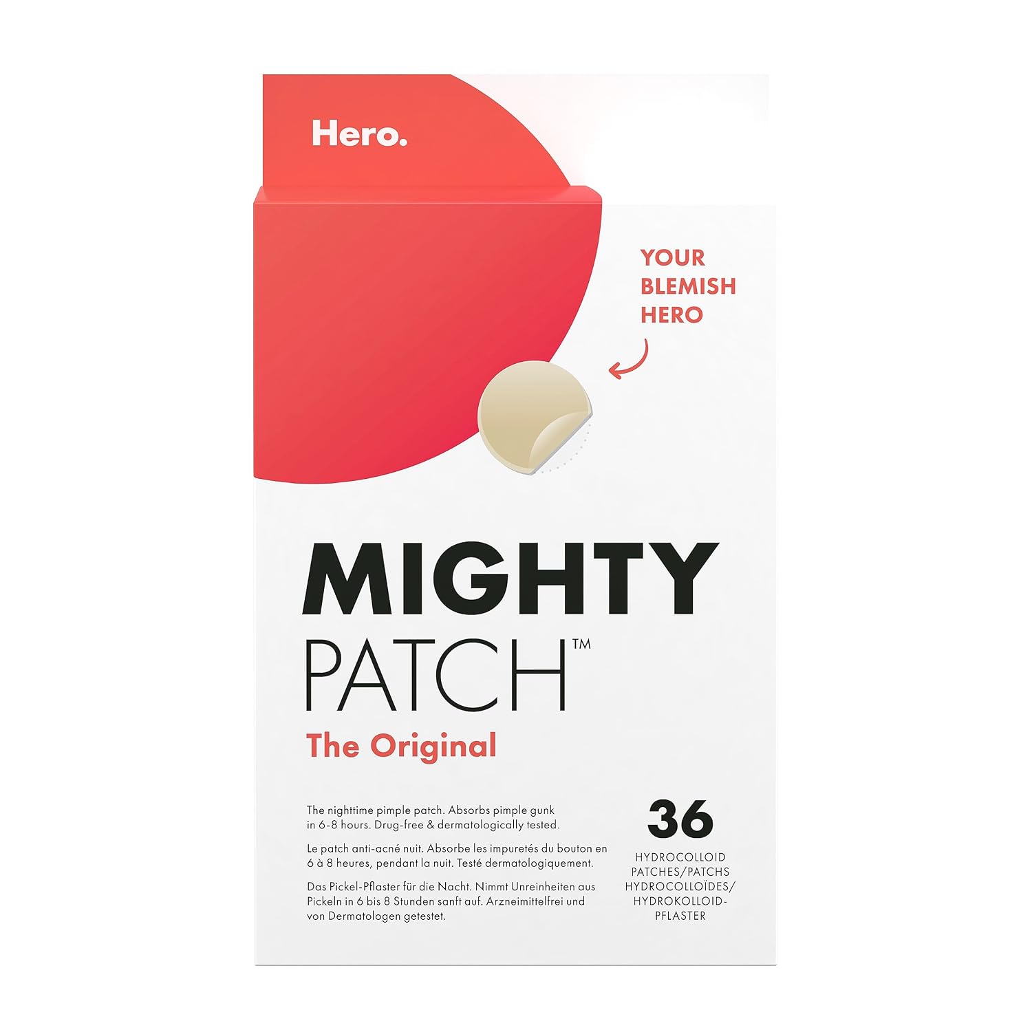 Detalle de Mighty Patch Original Pickel-Patches von Hero Cosmetics – unsichtbare Hydrokolloid-Pflaster gegen Akne (36 Stück)