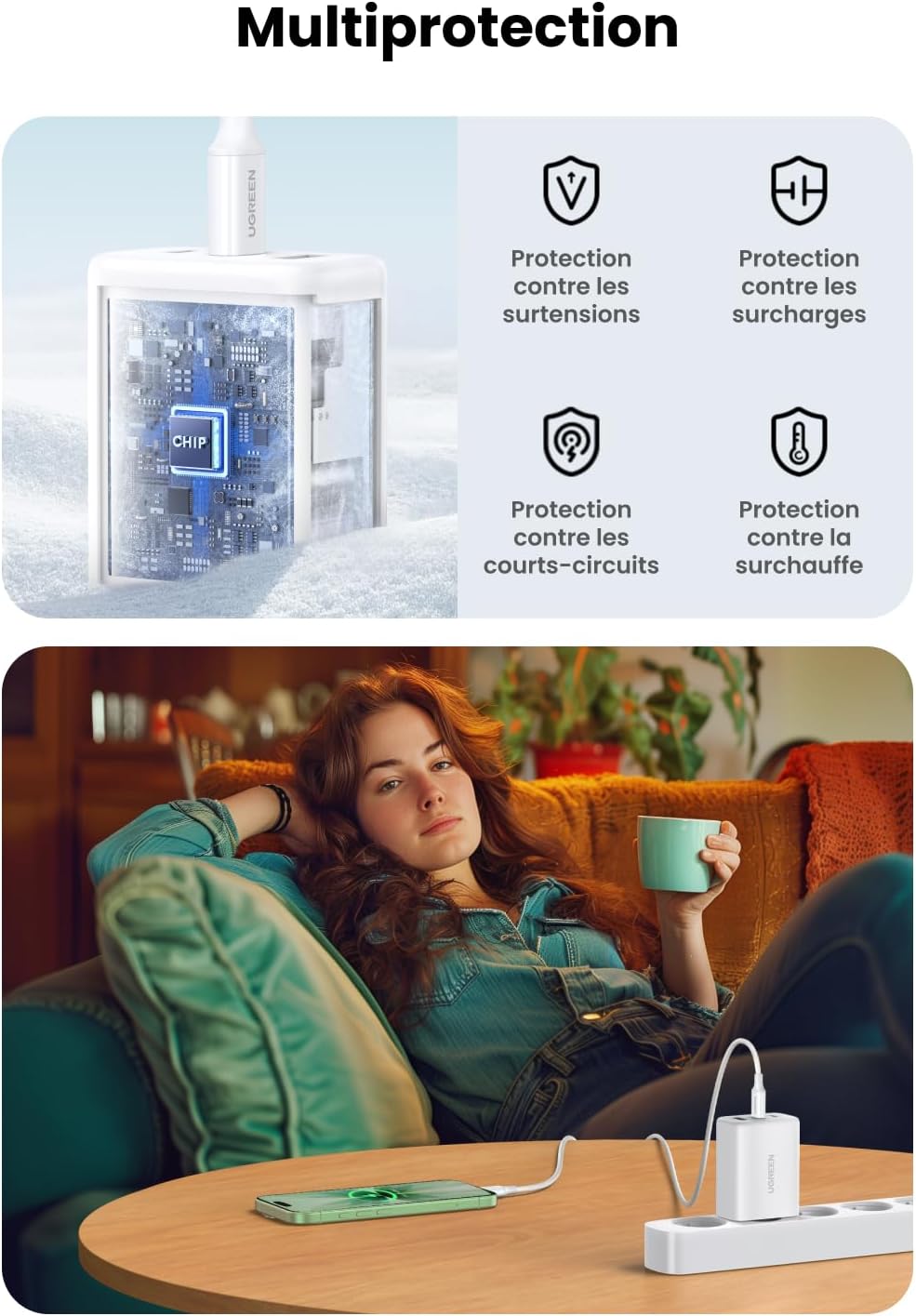 Detalle 1 de UGREEN 65W USB-C-lader met 3 poorten, 2 USB-C en 1 USB-A