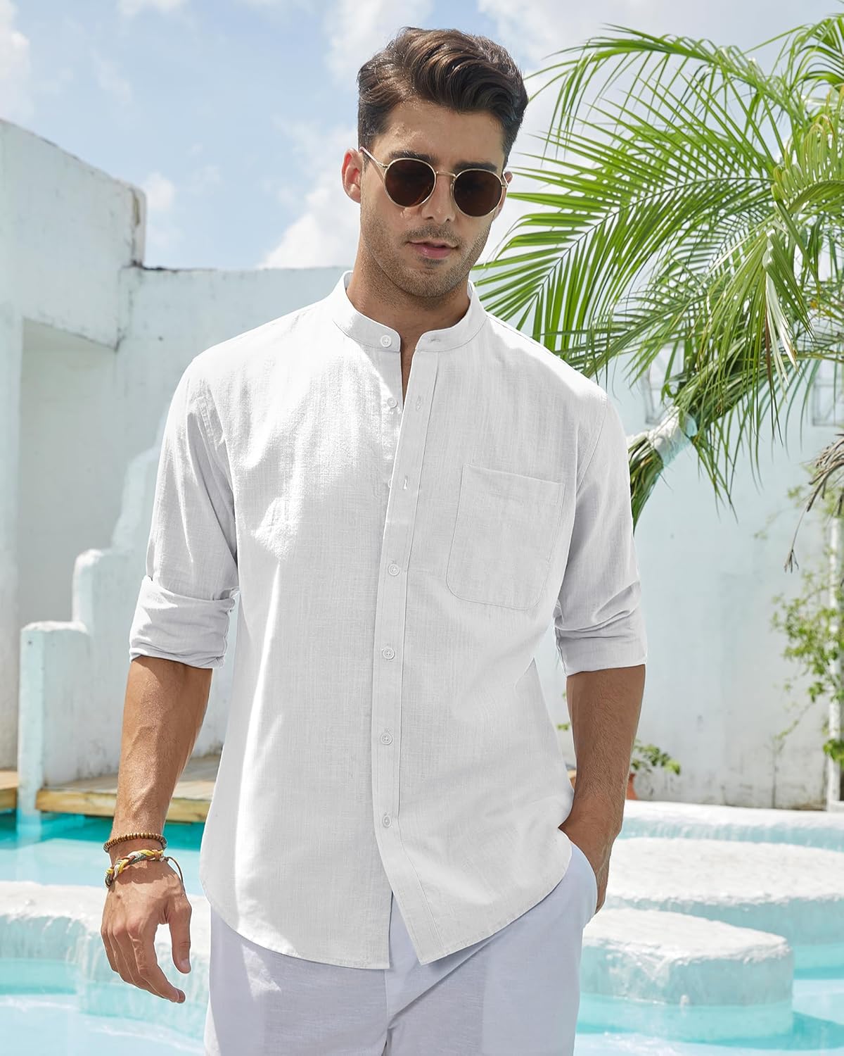 Detalle de Siliteelon Leinenhemd Herren Langarm mit Stehkragen – Casual Regular Fit, Sommerfreundlich