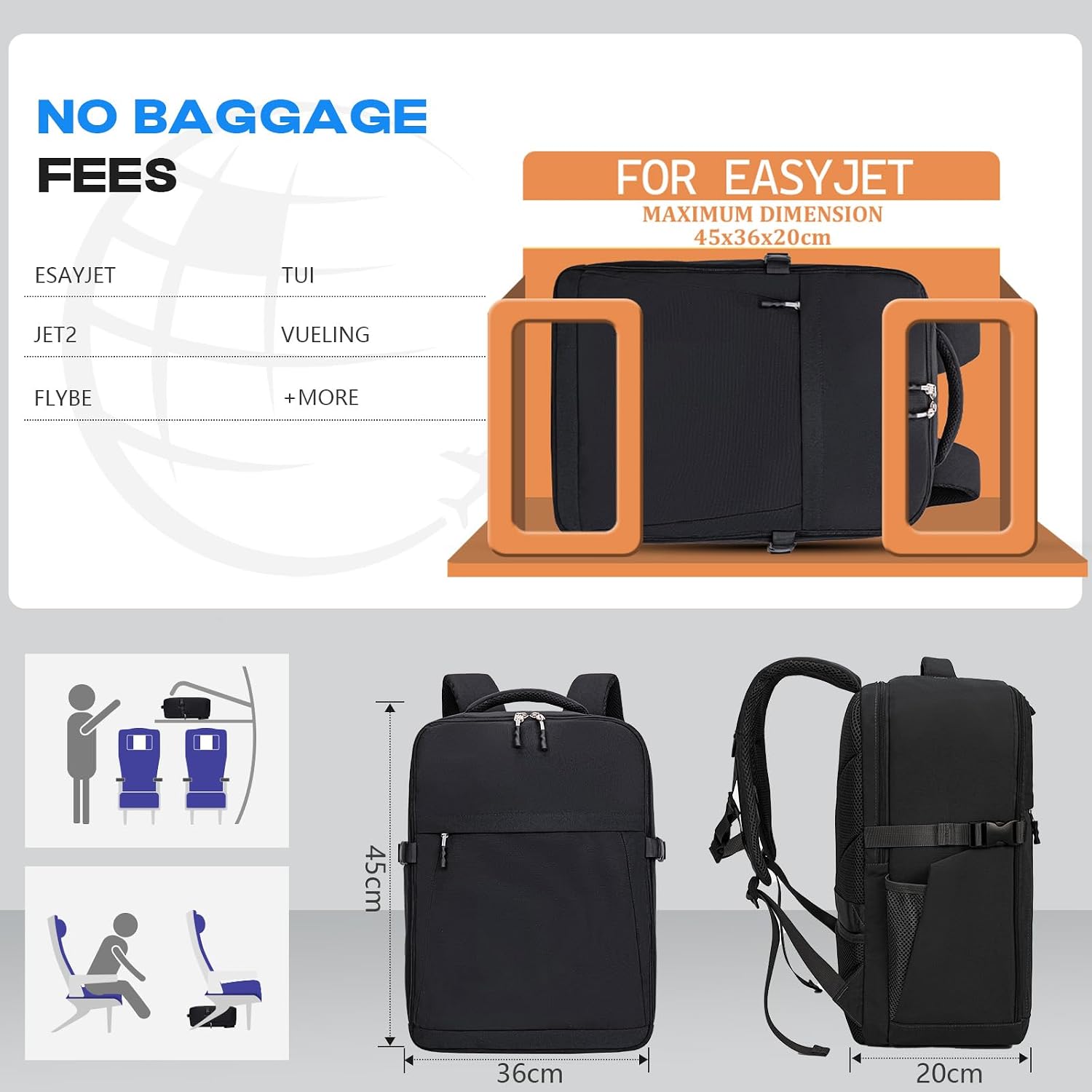 Detalle 2 de Xkdoai Zaino da Viaggio Aereo 32L 45x36x20 cm – Tasche multiuso e apertura a 180°