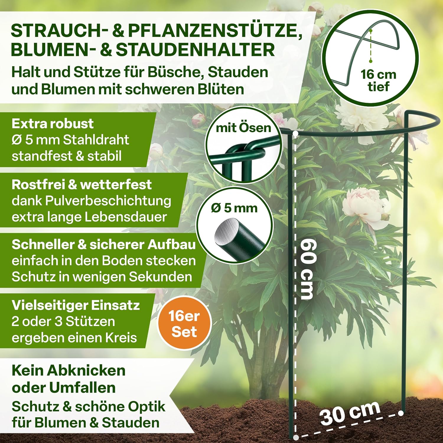 Detalle de TTL GARDEN Strauchstützen 60 cm x 30 cm – 16er Set inkl. Klettband und Pflanzschilder