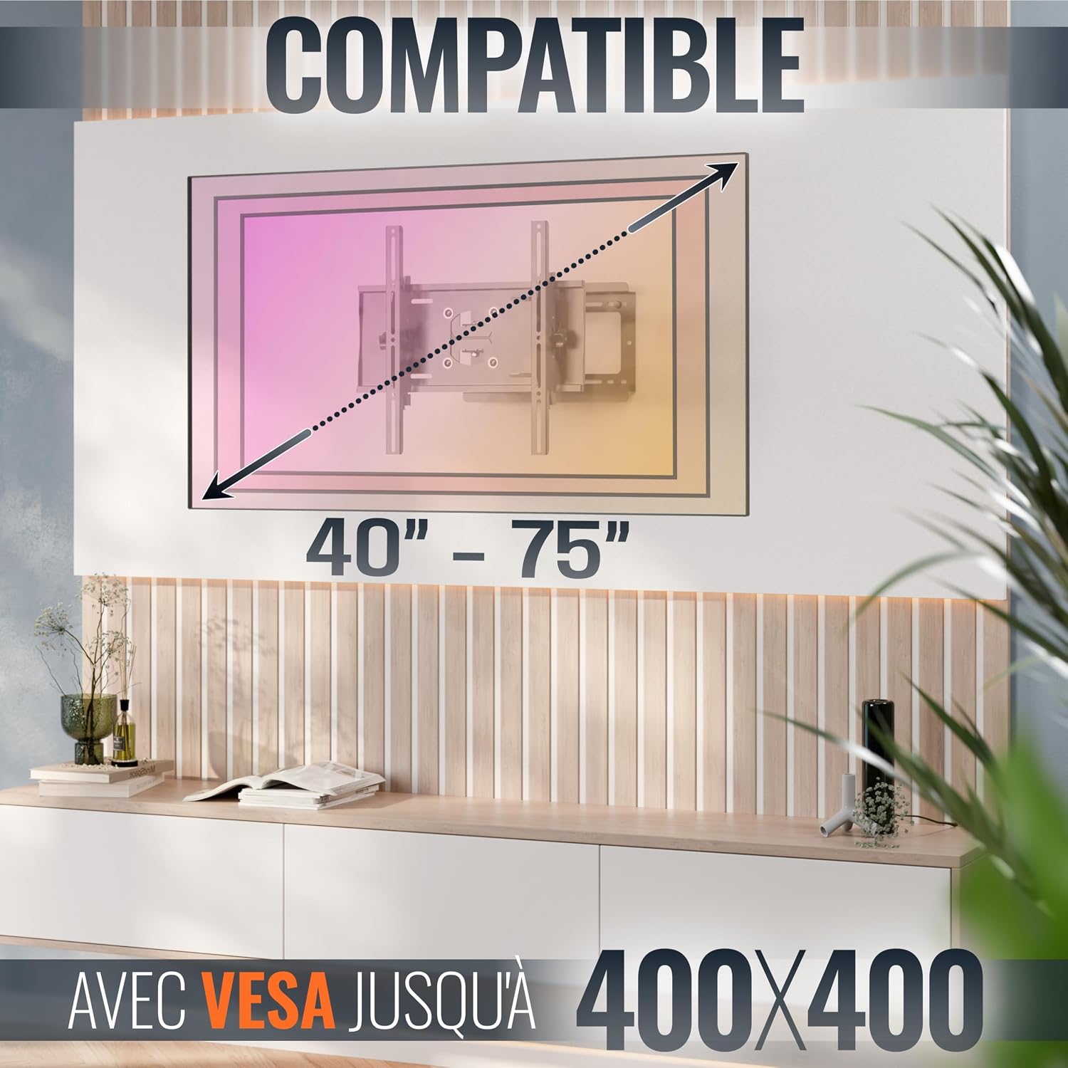 Detalle de Support TV mural RICOO S5144 pour écrans 30 à 55" (VESA) orientable et inclinable