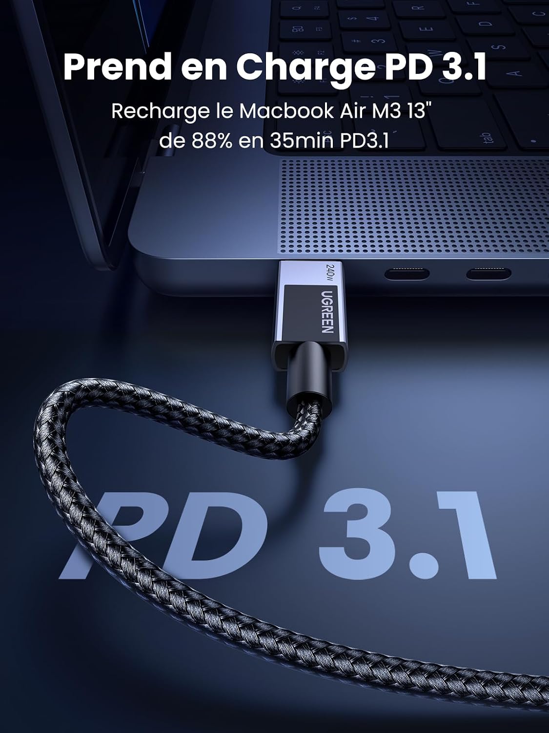 Detalle de UGREEN USB-C-kabel 240 W, PD 3.1, 5 A/48 V en gevlochten nylon