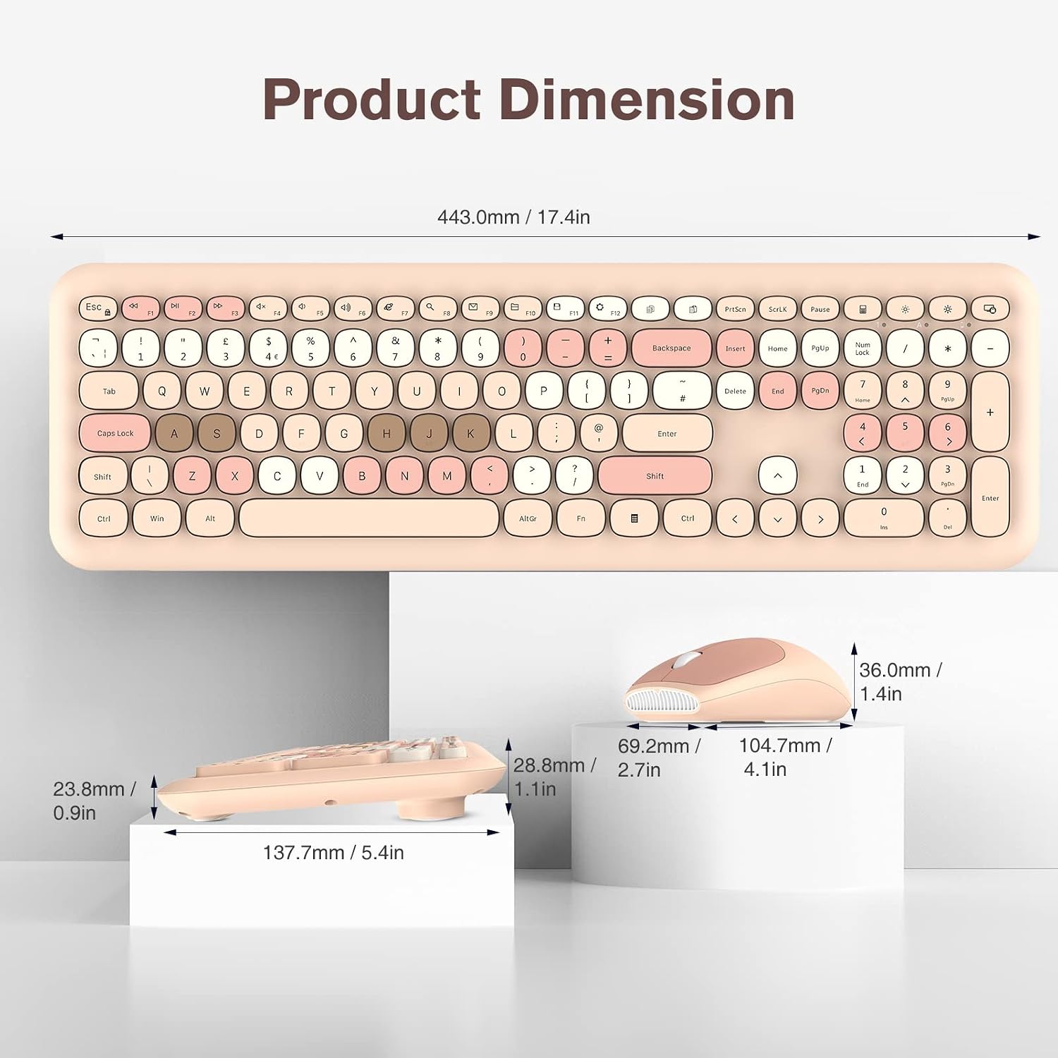 Detalle de PINKCAT Wireless Keyboard Mouse Combo – Full Size UK QWERTY Ergonomic Set (Milk Tea Pink)