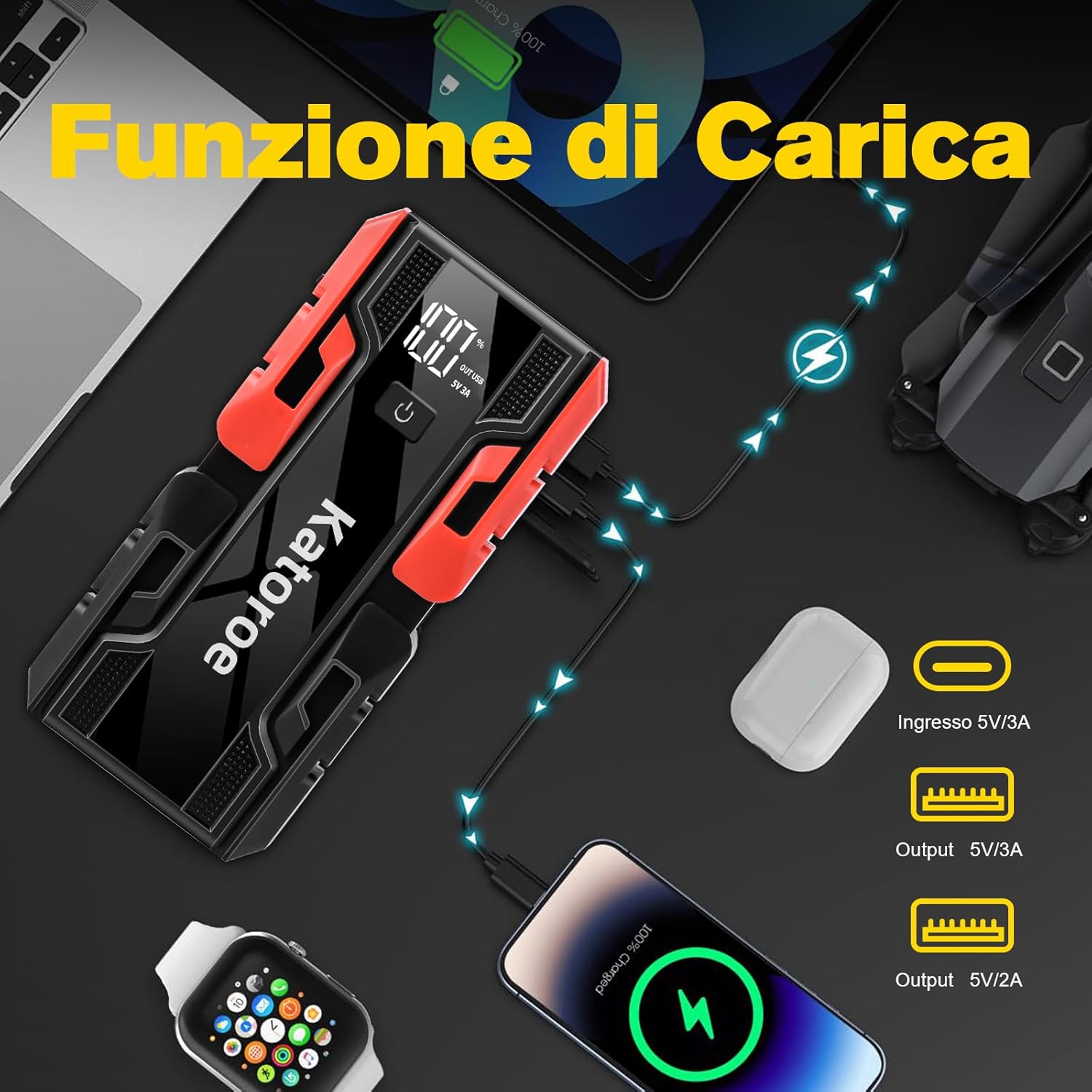 Thumbnail 2 de Avviatore batteria auto 6000A 12V con torcia LED 400 lm e ricarica USB-C