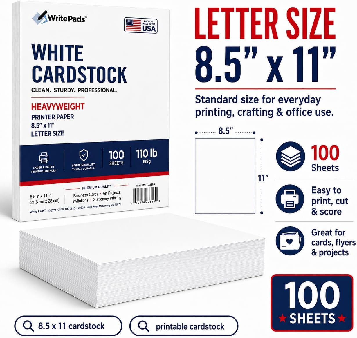 Detalle de KAISA KSU-73835 White Cardstock, 110 lb, 199 GSM, Letter Size, 100 Sheets