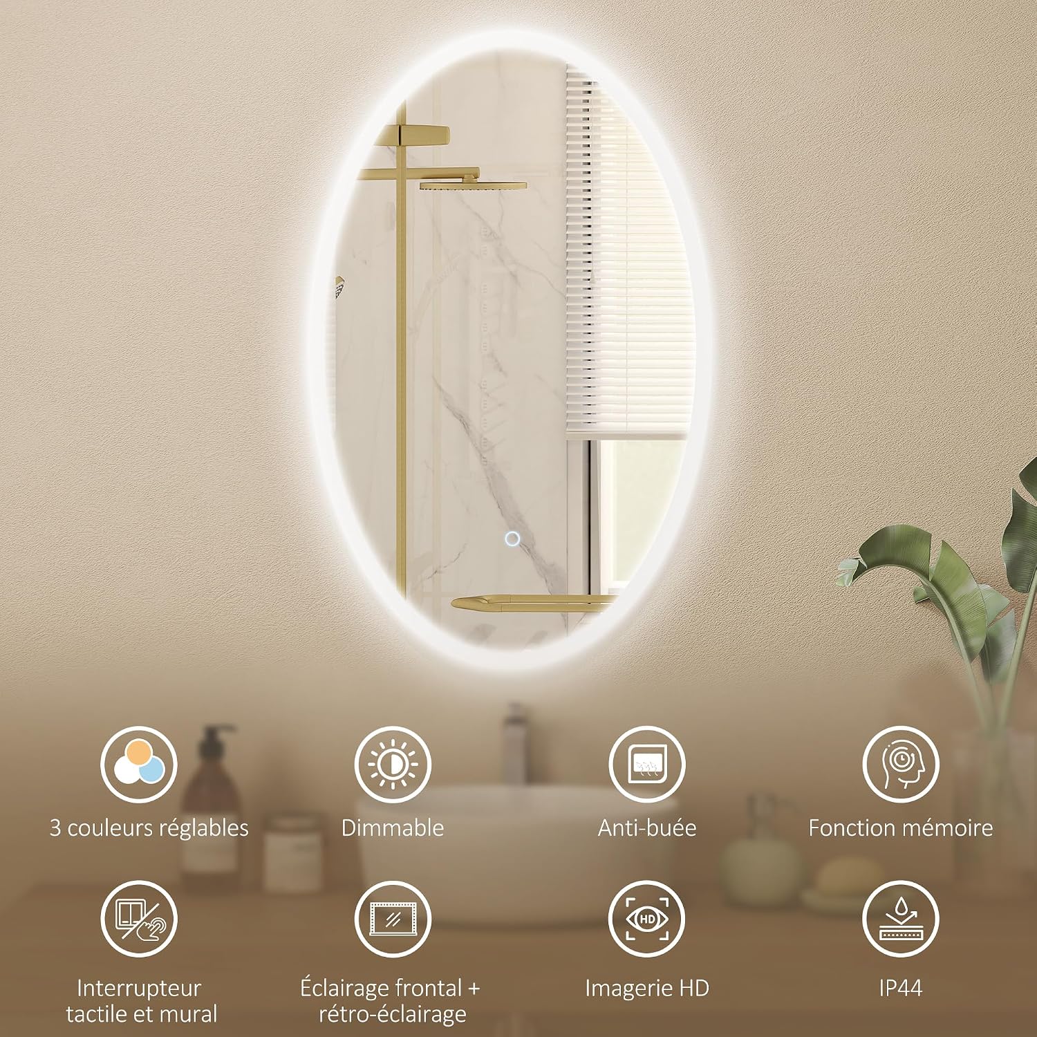 Detalle de HOMCOM miroir de salle de bain LED ovale 80x50 cm avec anti-buée, 3 températures, dimmable et mémoire