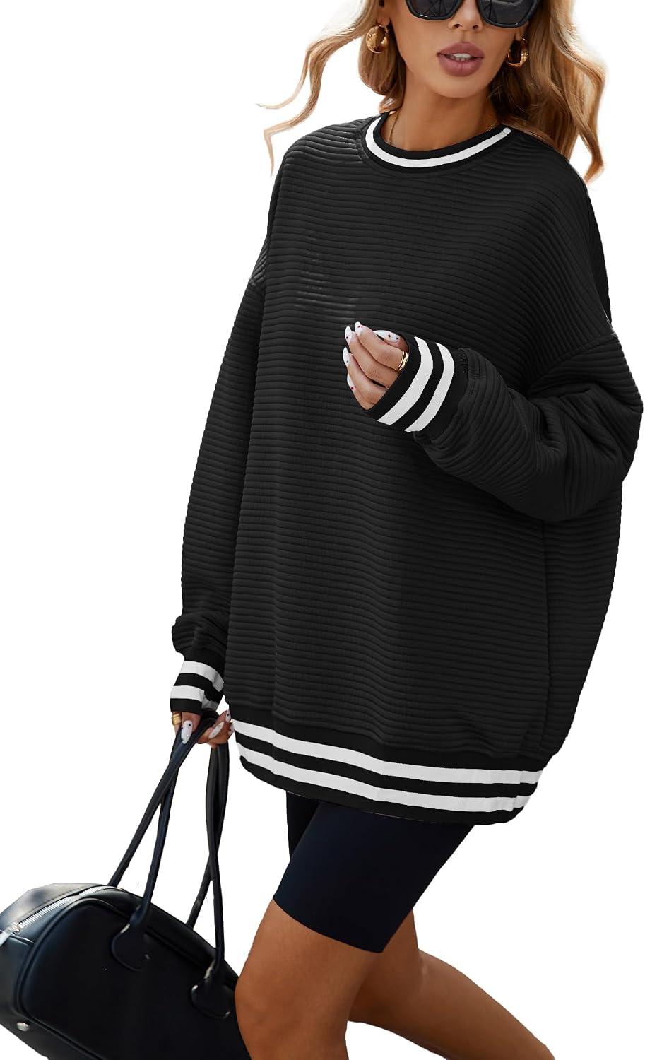 Detalle de Famulily Women's Oversized Striped Cropped Crewneck Sweatshirt – Fall / Winter