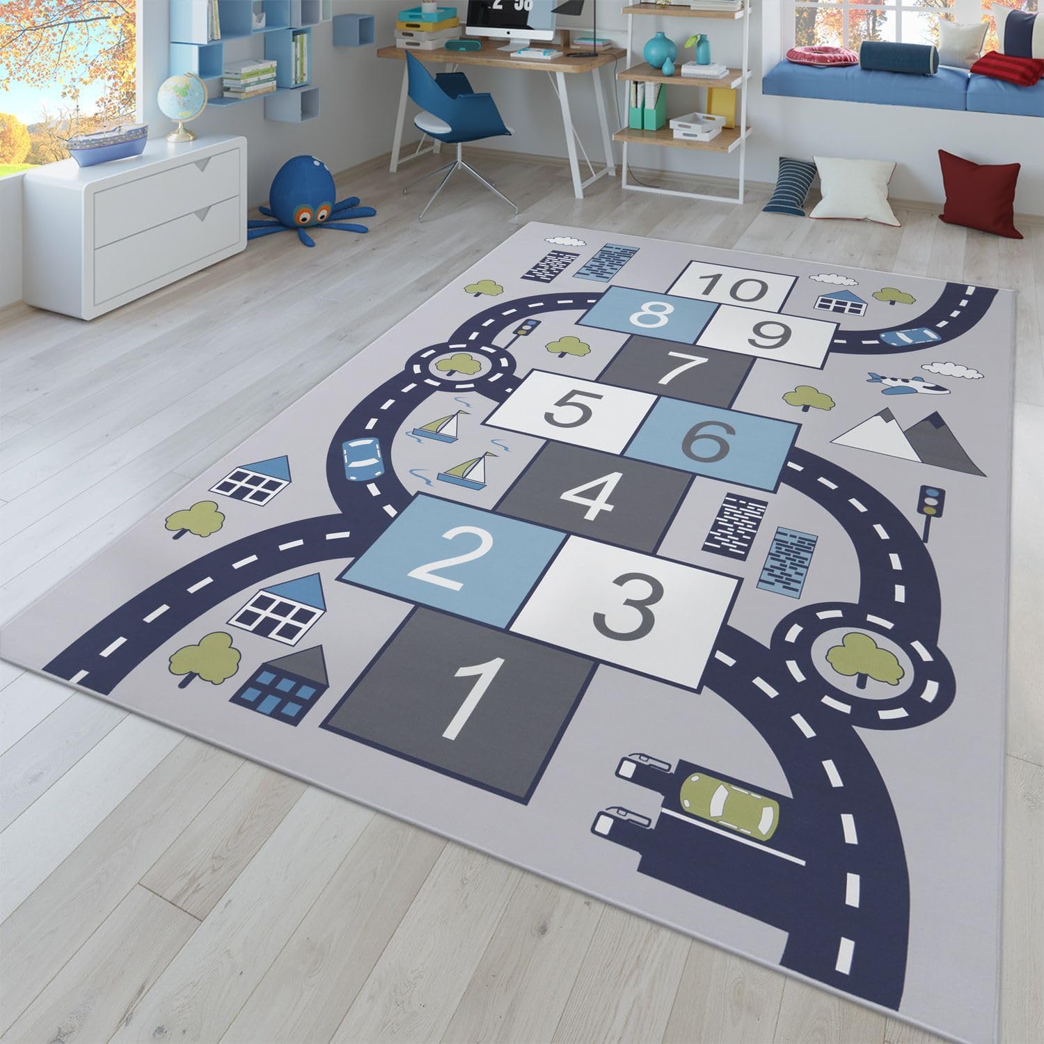 Detalle de TT Home Kinderzimmerteppich 100×200 cm, Grau – rutschfest, maschinell gewebt, 100% Polyester