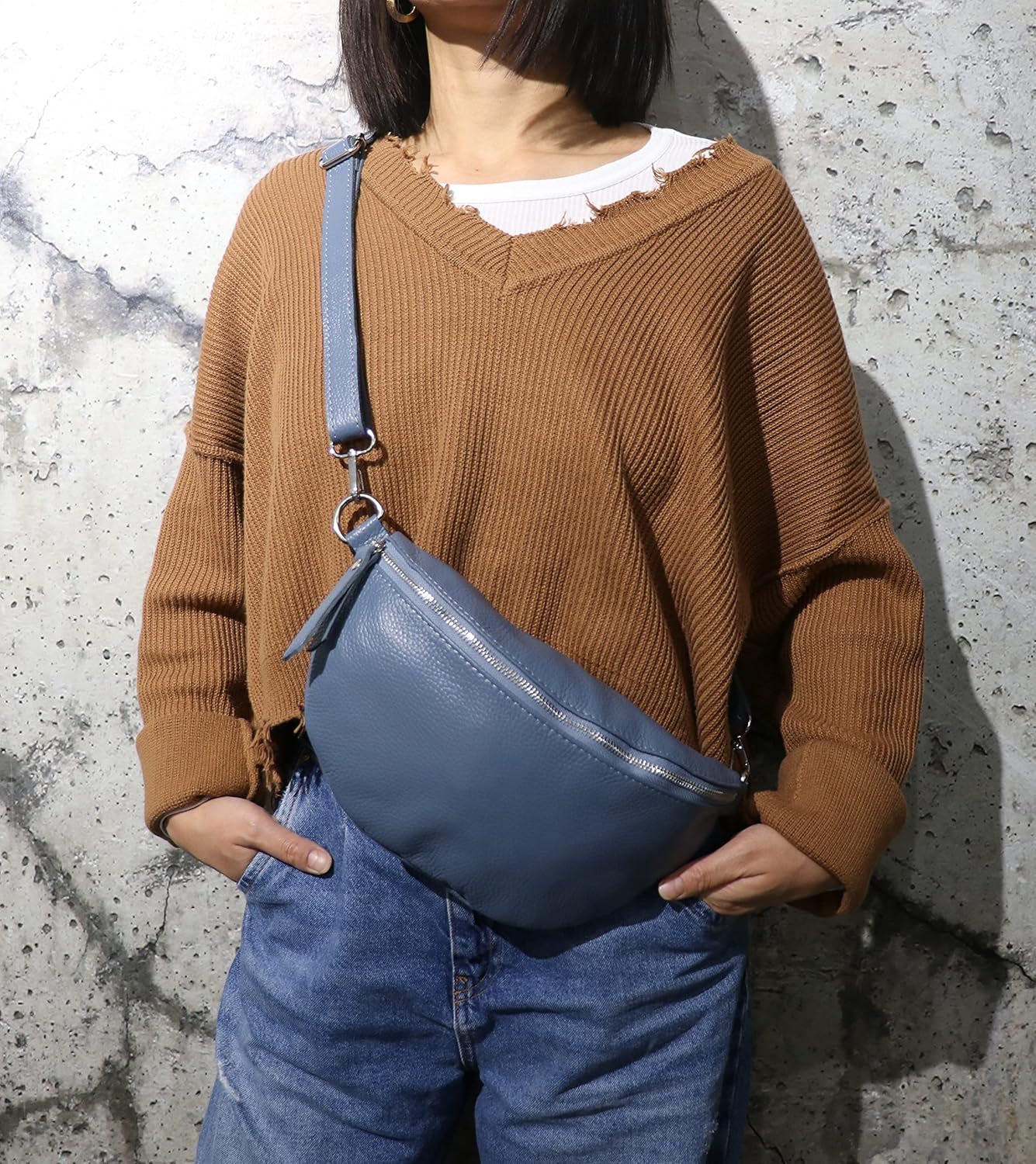Detalle de SH Leder ® Lala G399: Marsupio unisex in vera pelle, 30 x 18 cm, perfetto per festival e viaggi