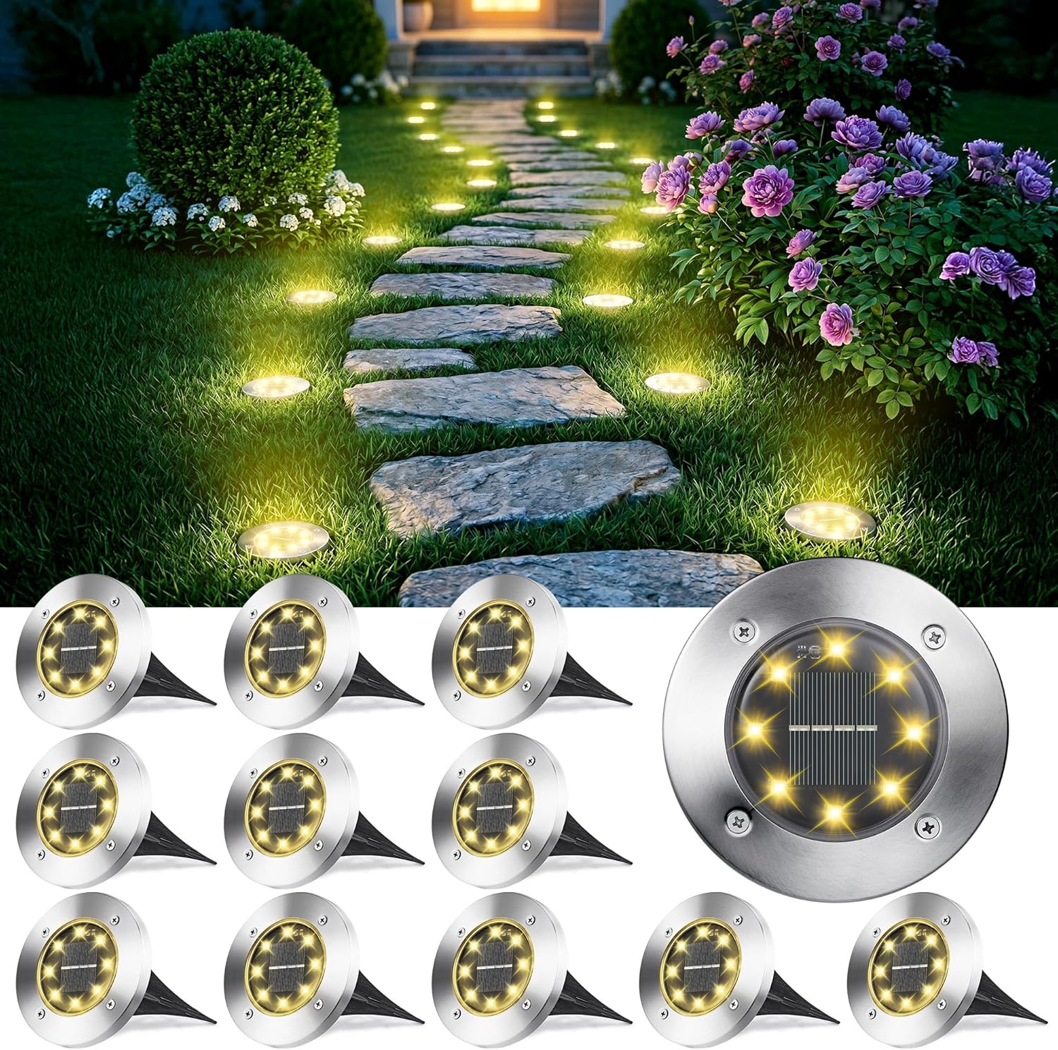 Joomer Luces Solares de Exterior para Suelo (12 Paquetes) – 8 LEDs, IP65 y Sensor de Luz