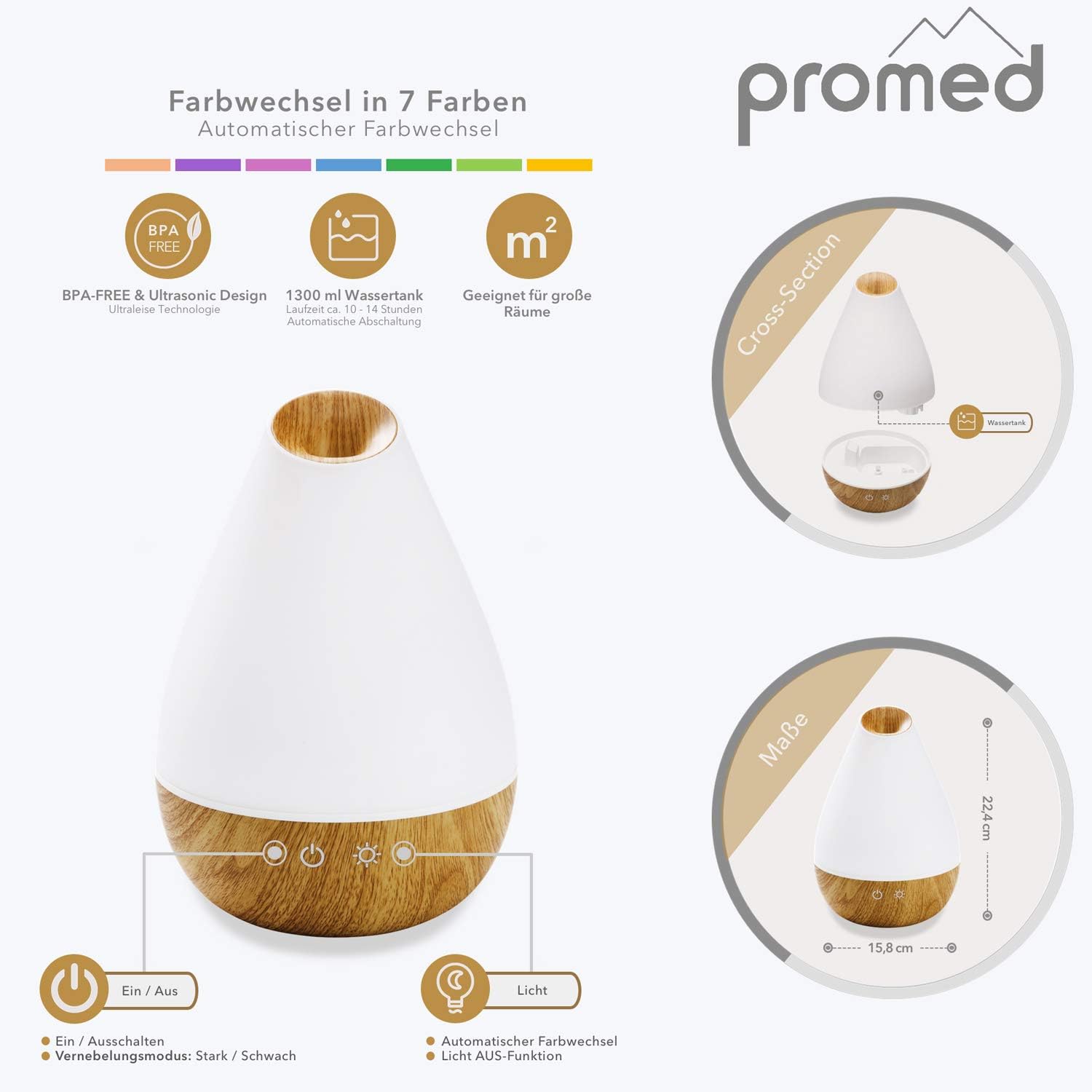Detalle de Promed Aroma Diffuser AL-1300 WS (1,3 l) Ultraschall-Duftvernebler mit LED-Licht & Automatik