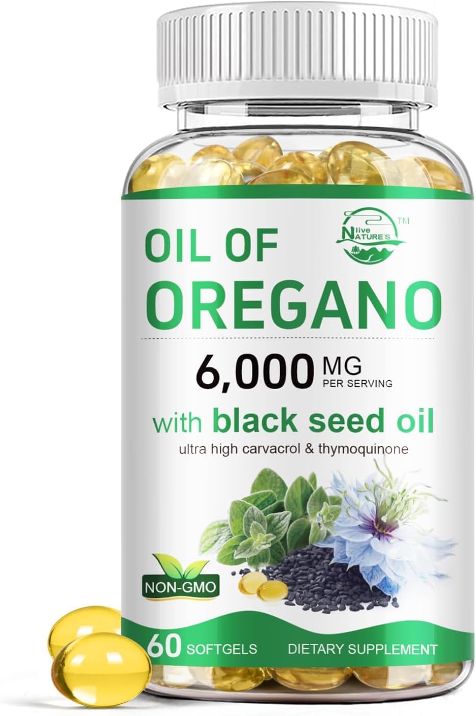 Detalle de Nature's live Oregano001 Oil of Oregano and Black Seed Oil Softgels, 60 Count