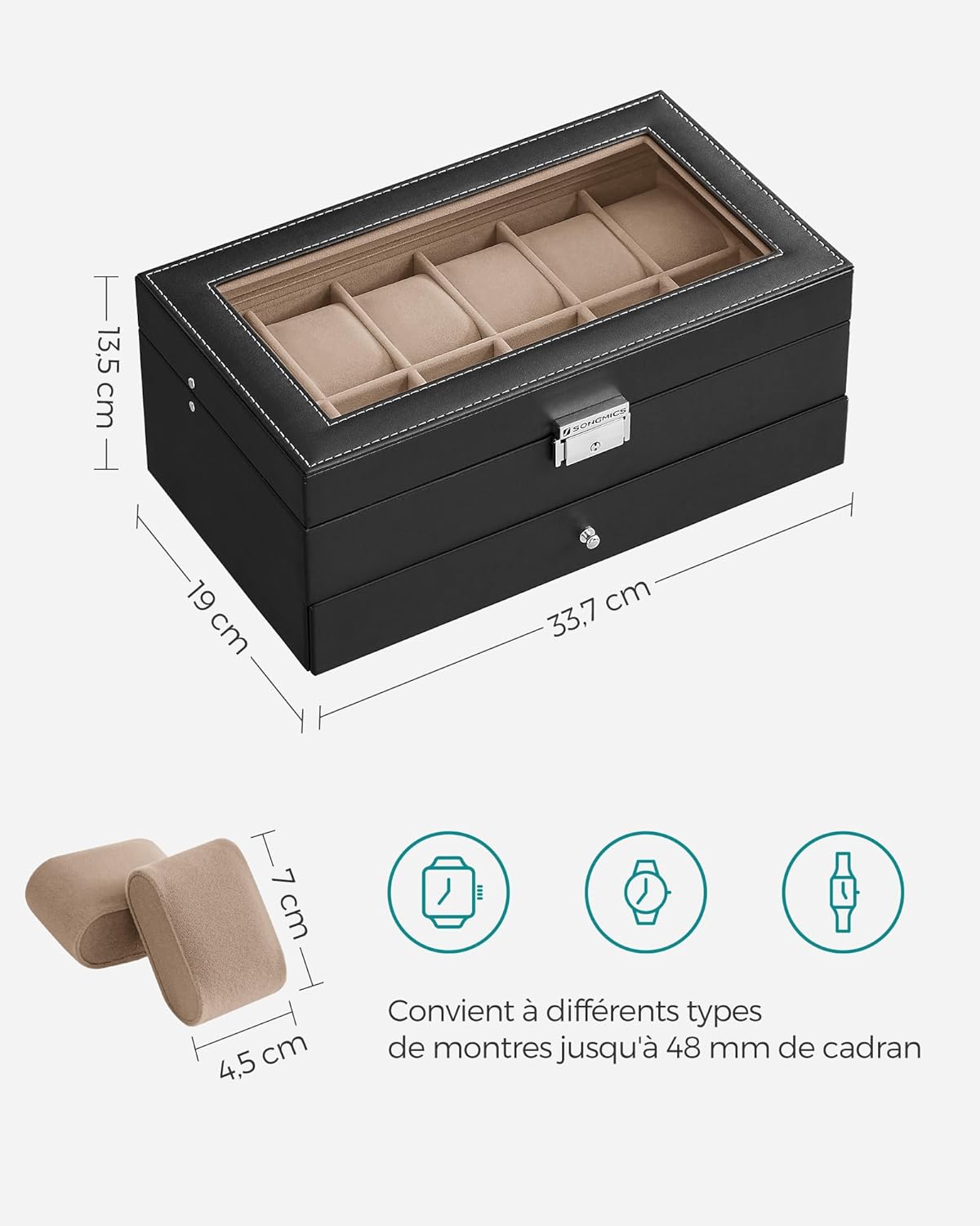 Thumbnail 5 de SONGMICS Boîte à Montres JWB012 – Coffret à 2 niveaux, 12 montres, PU Noir, Doublure beige verdâtre, Verrouillable