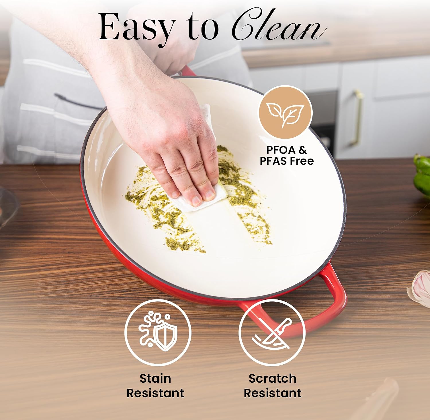 Thumbnail 6 de Nuovva Shallow Cast Iron Casserole with Lid (3.7-Quart, 30cm) – Enamelled Non-Stick Dutch Oven Pot, Red