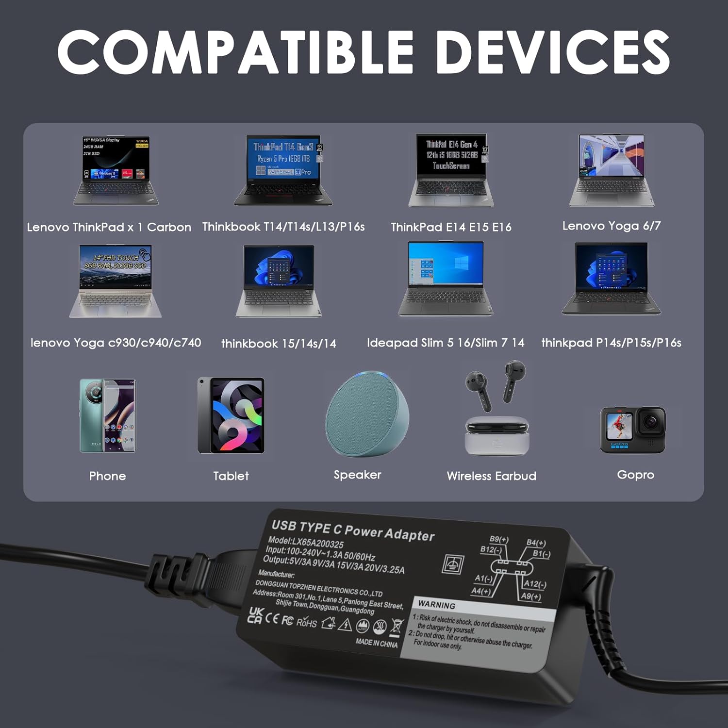 Detalle de 65W USB‑C Laptop Netzteil für Lenovo ThinkPad – Kompakt, sicher und universell einsetzbar