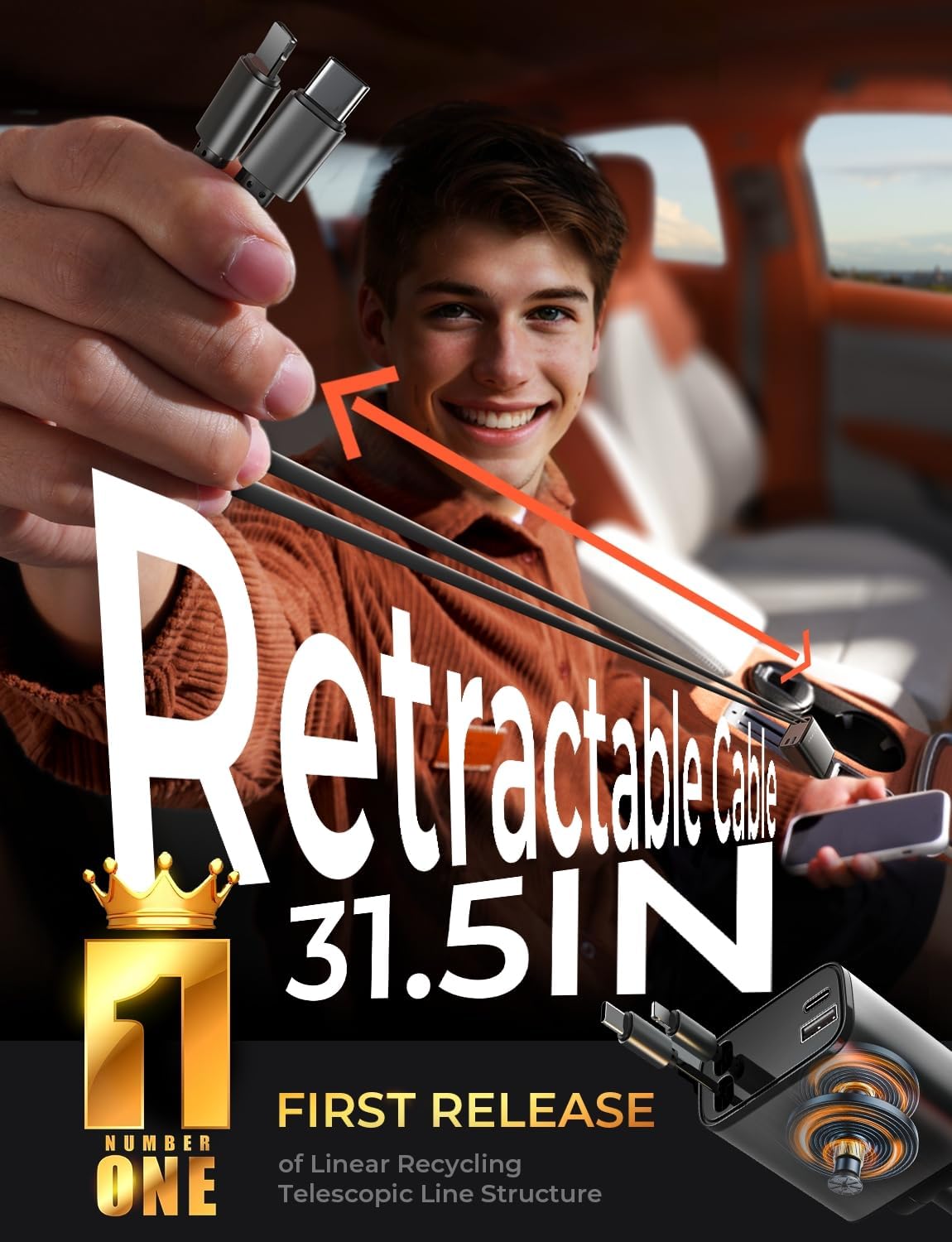 Thumbnail 5 de LISEN 4-in-1 Starlight Retractable Car Charger — 75W with Starry Sky Light Projection